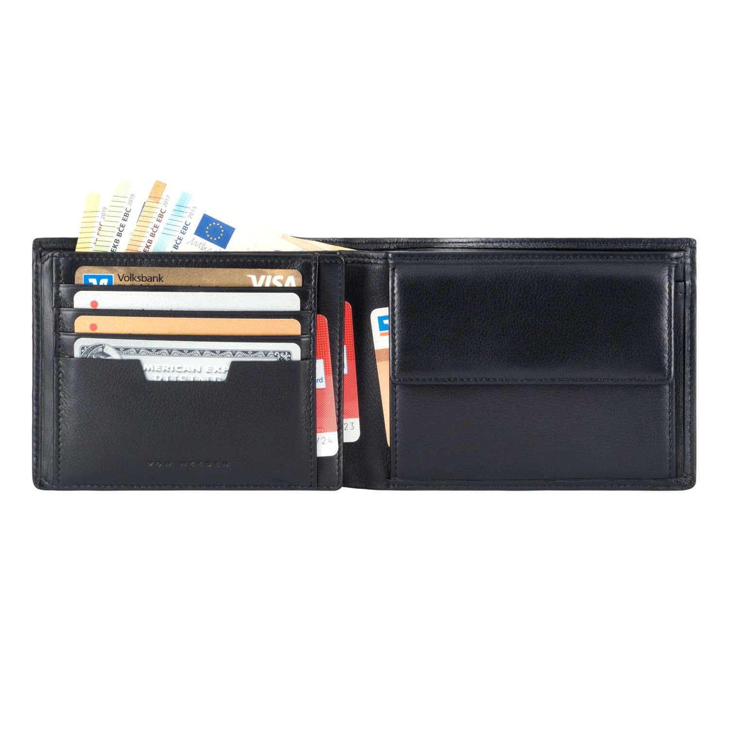 inkl. 13 Geschenkbox Kartenfächer, mit VON & HEESEN Geldbörse Schwarz Geldbeutel Portemonnaie RFID-Schutz
