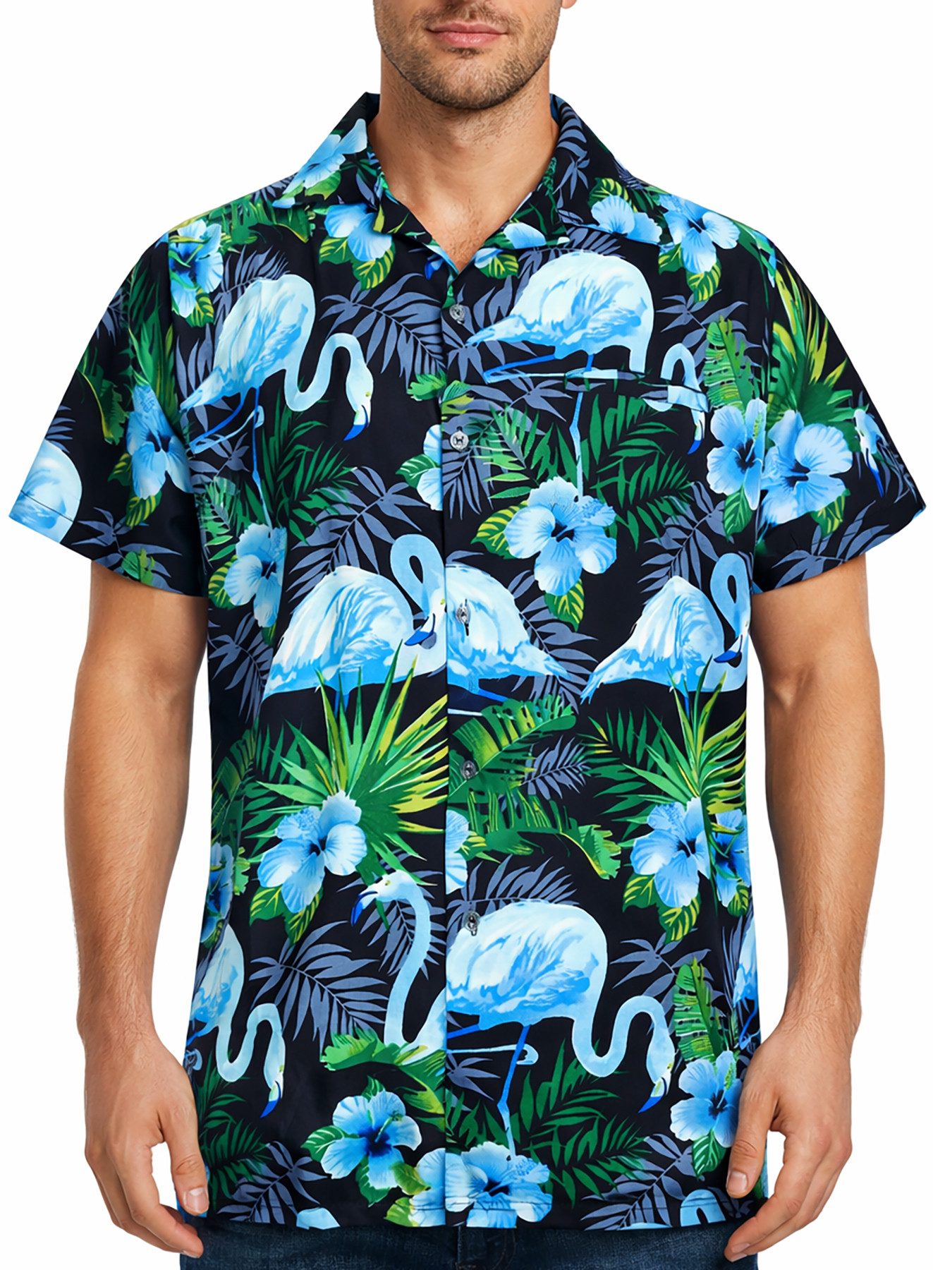 King Kameha Hawaiihemd "Flamingo Flowers" Funky Hawaii-Hemd Herren Kurzarm Front-Tasche