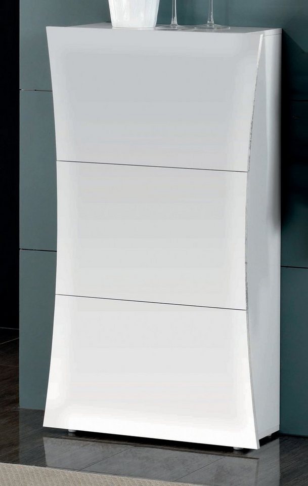 möbelando Schuhschrank Arona Moderner Schuhschrank aus Spanplatte in  Weiß-Hochglanz mit 3 Klappen. Breite 71 cm, Höhe 121,5 cm, Tiefe 26,6 cm