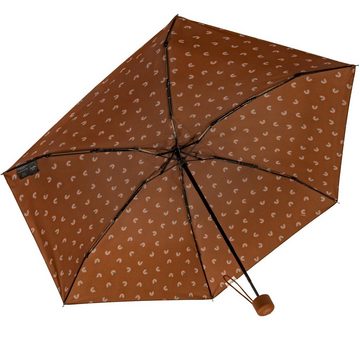 bisetti Taschenregenschirm Damen-Regenschirm, klein, stabil, kompakt, mit Handöffner, gedeckte Farben mit Bögen-Motiv - braun