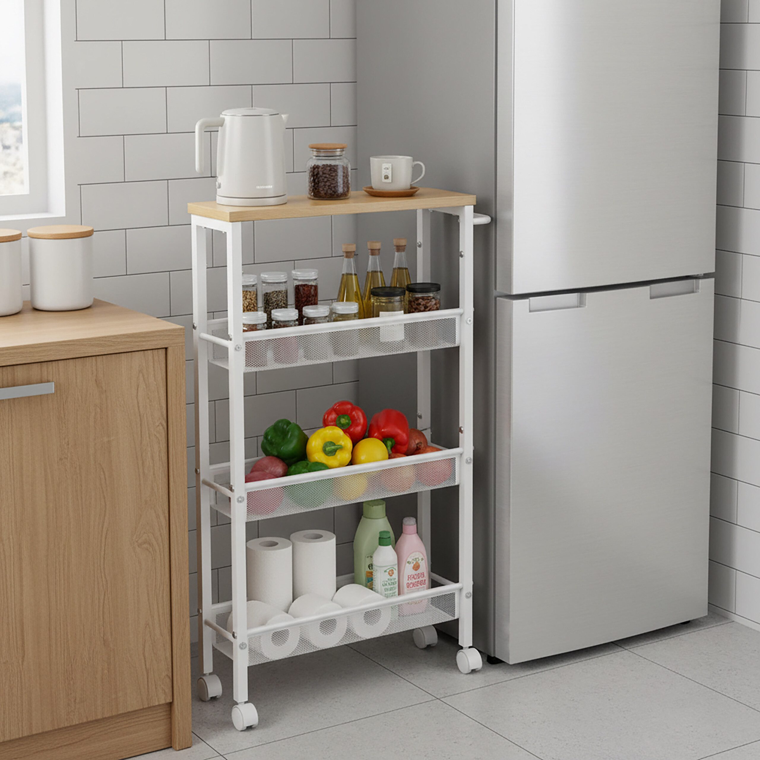 relaxdays Küchenwagen Nischenwagen mit 4 Ebenen, Hellbraun-Weiß, 13 cm
