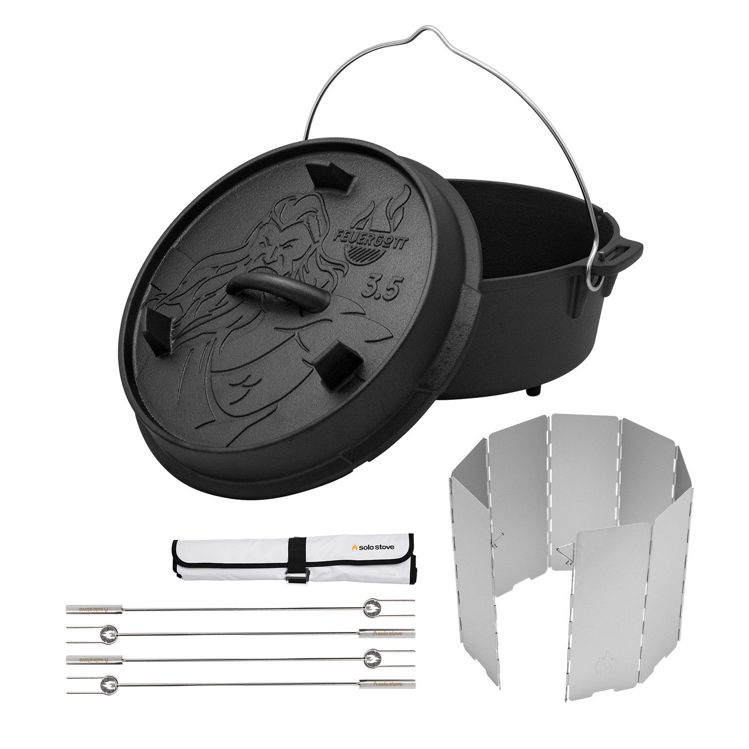Feuergott Grilltopf FEUERGOTT Dutch Oven 3,5 l mit Füßen + Solo Stove Grillspieße