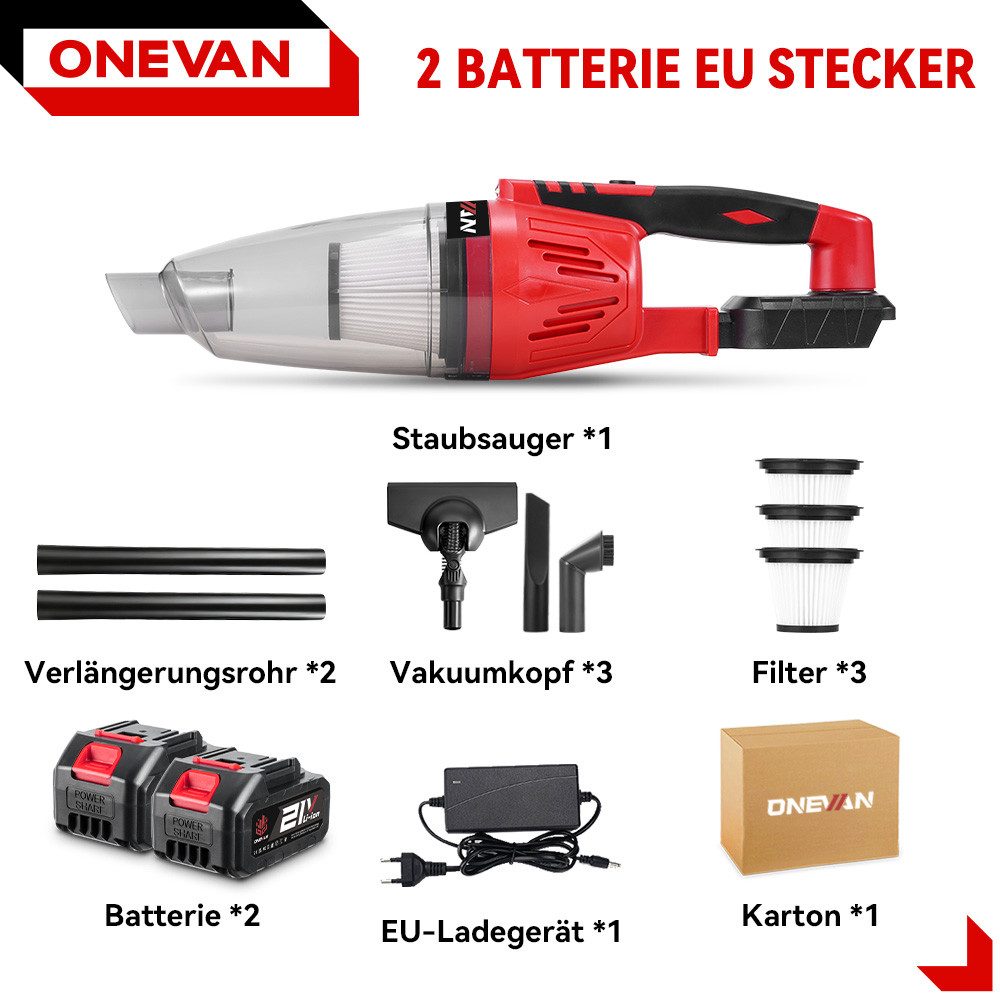 ONEVAN Akku-Handstaubsauger Akku Staubsauger 12000Pa für Tierhaare/Teppiche/Hartböden/Auto, 1500 W, beutellos, 4-in-1 Vacuum Cleaner Staubsauger Kabellos