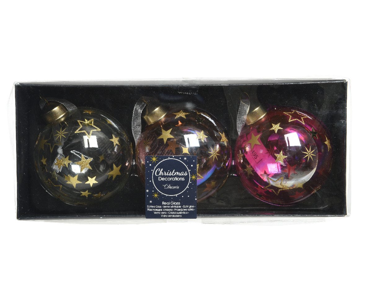 Kaemingk Weihnachtsbaumkugel, Weihnachtskugeln Glas 8cm mit Sternen Muster 3er Set rosa transparent