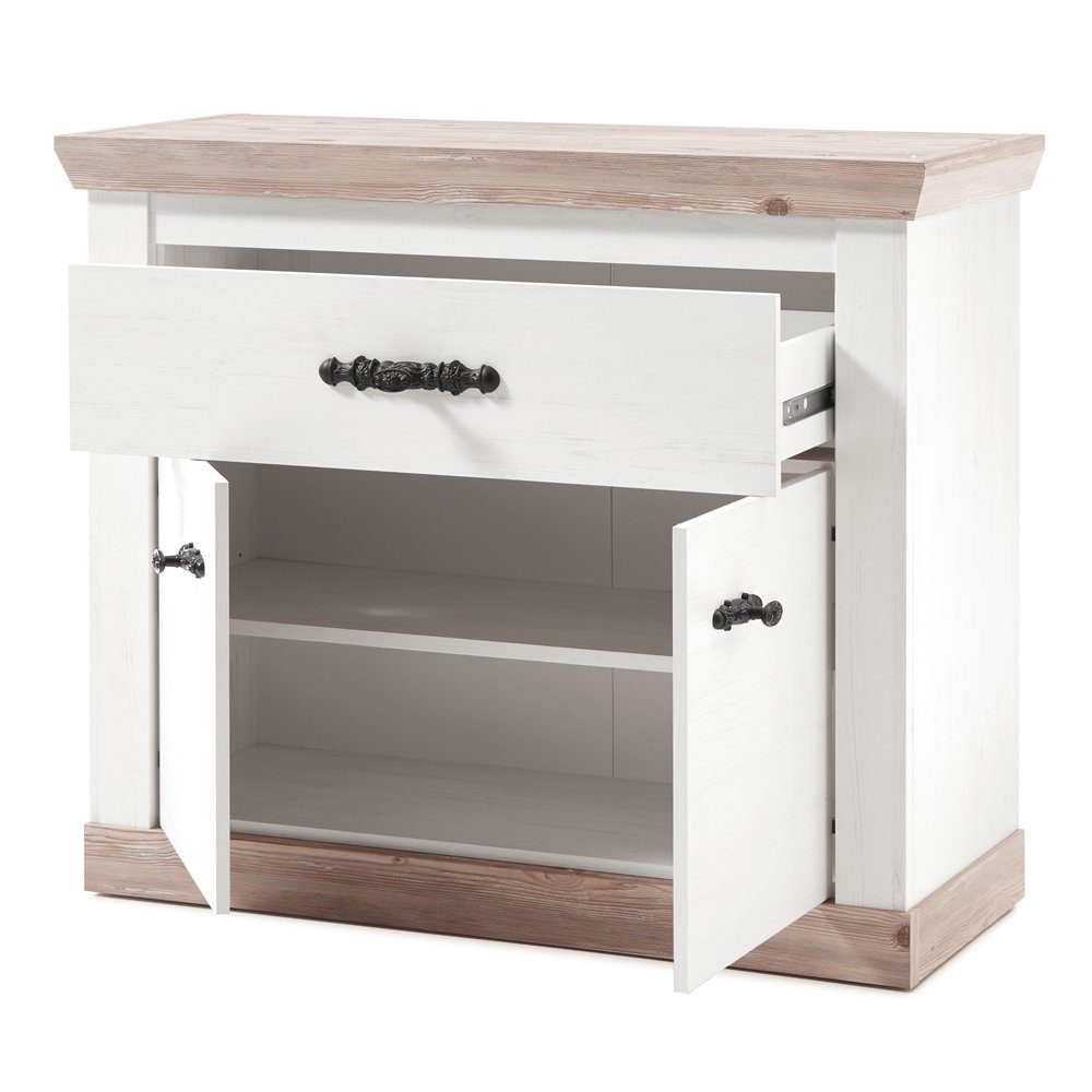 Lomadox Kommode FERNA-61, weiß Pinie Nb. und Pinie dunkel Nb., 1 Schublade 2 Türen 107/89/45 cm