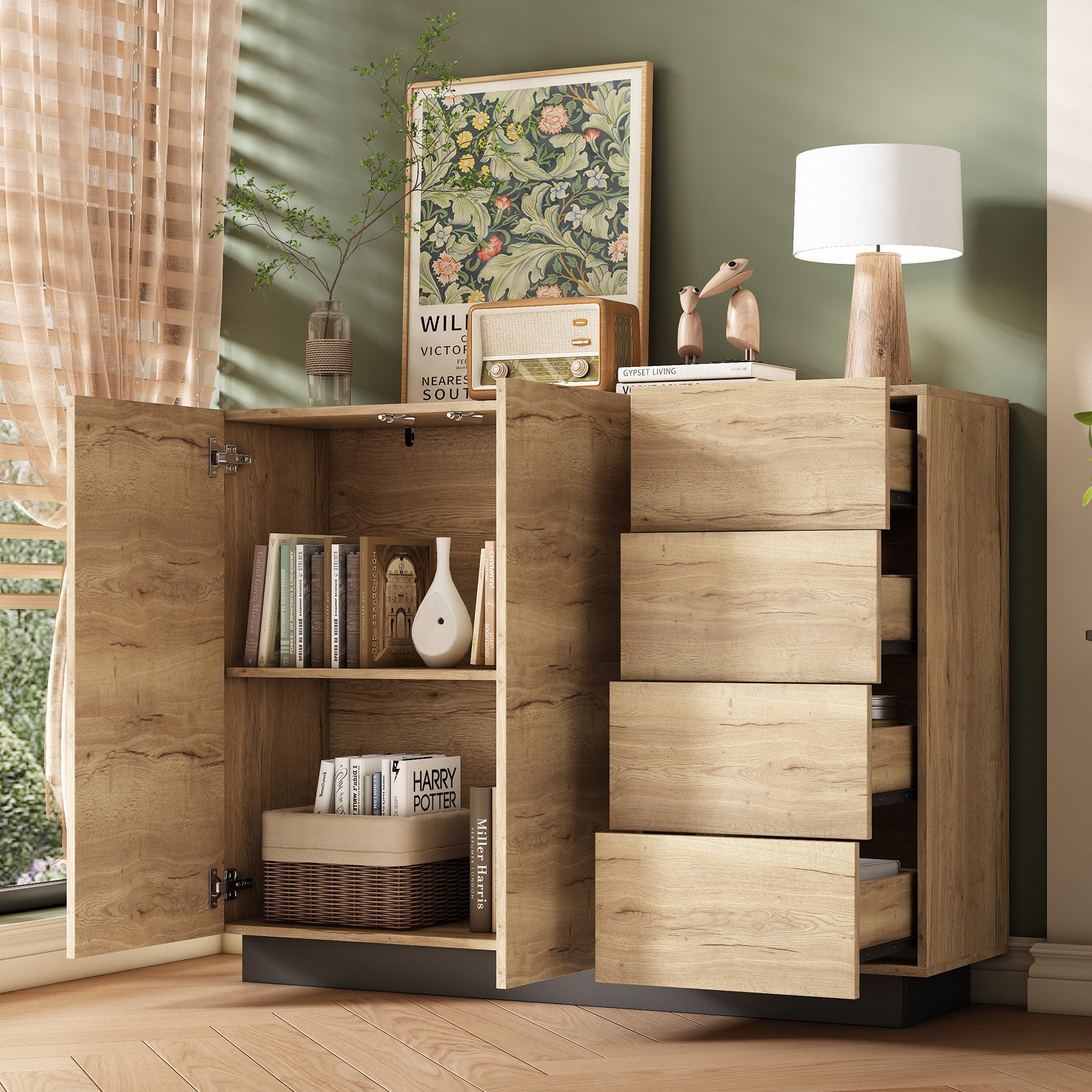 Merax Sideboard Kommode mit 4 Schubladen und 2 Türen (1 St., griffloses Stauraummöbel mit Push-to-Open), Anrichte für Wohnzimmer und Küche – Bild 5 von 5