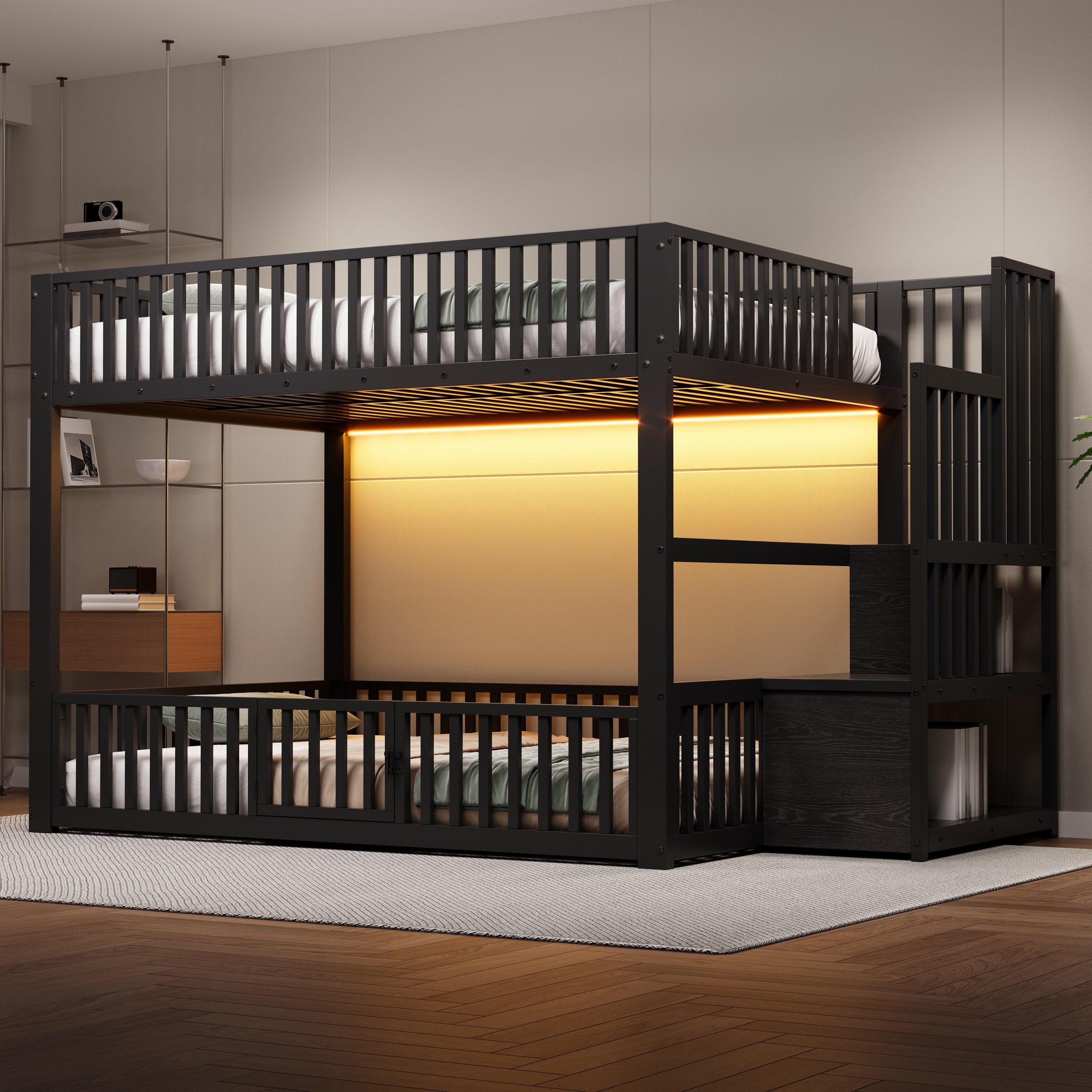 HAUSS SPOLE Etagenbett 140x200 Stauraumleiter,Kinderbett Stockbett mit Lattenroste,Schwarz (Jugendbett mit integrierte LED-Beleuchtung), mit zwei Einzelbetten und zaunförmigen Schutzgittern