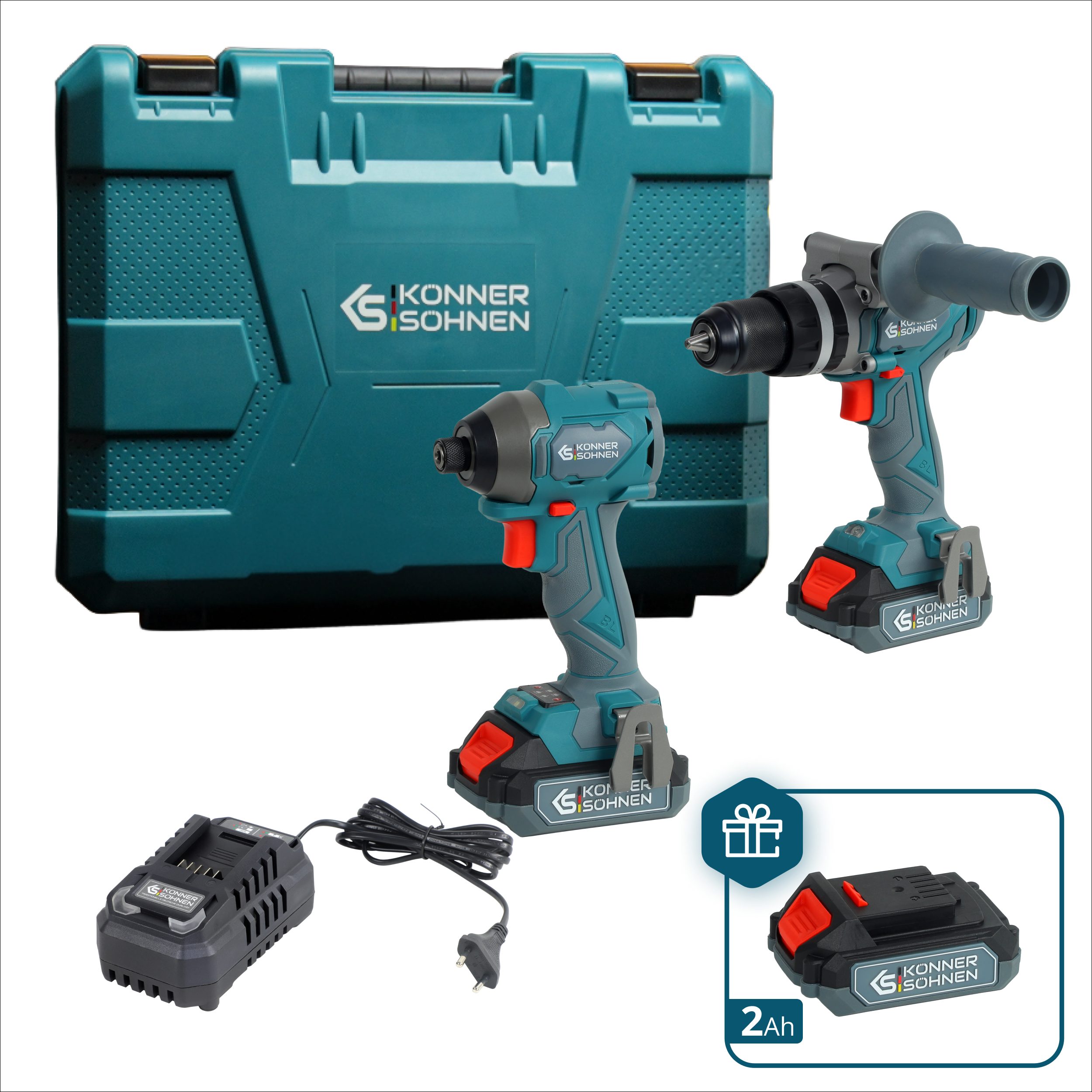 Könner & Söhnen Akku-Schlagbohrschrauber KS IDISD 20V SET 2 PLUS, (Bürstenlose Motoren, 80Nm/260Nm Power, Metallgetriebe, 1-tlg., Inklusive zusätzlichem 2Ah Akku als Geschenk & Ladegerät), Bürstenlose Motoren, 80Nm/260Nm Power, Metallgetriebe