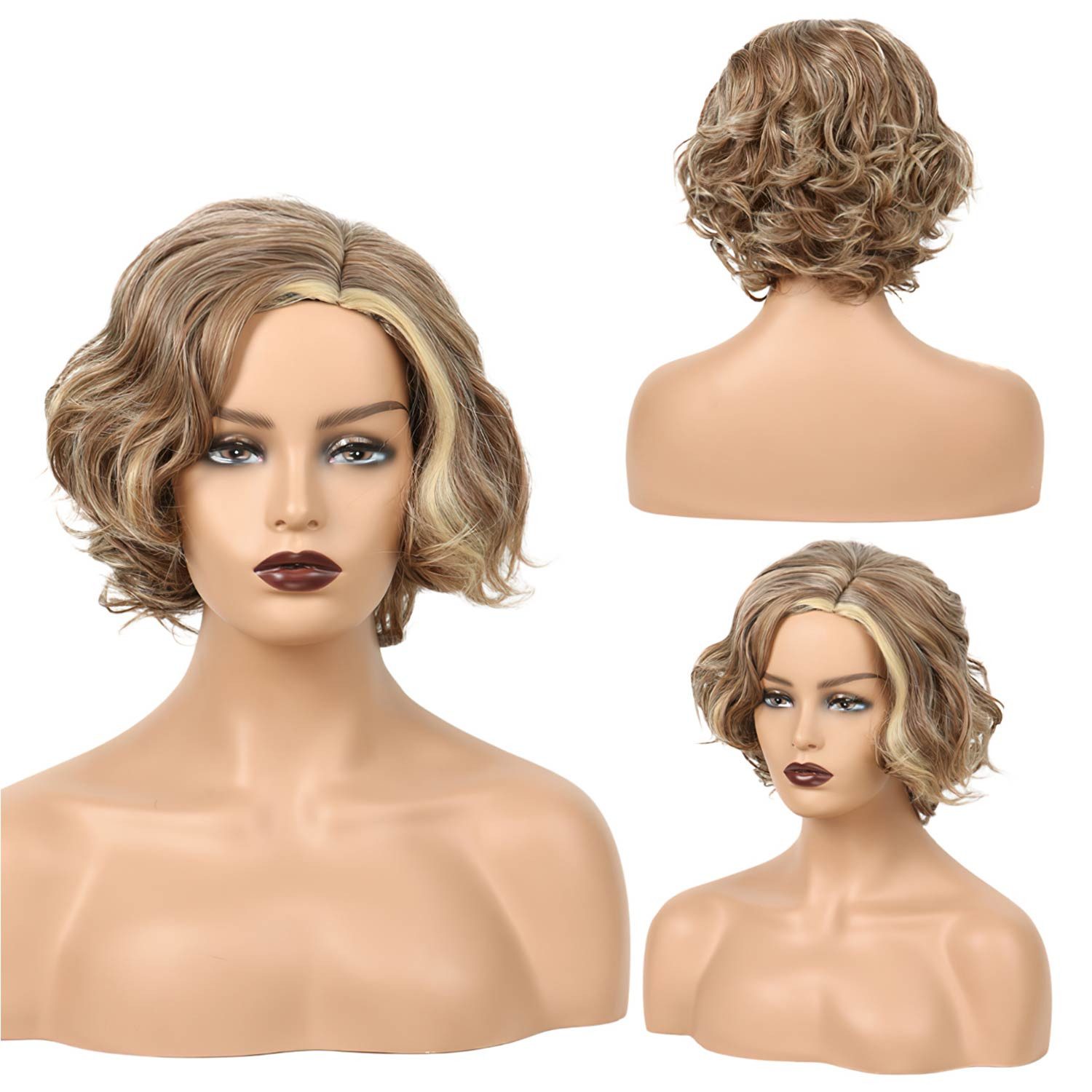 Refttenw Kunsthaarperücke Einstellbar Damen Natürliche Perücke,Kurze Lockige Blond Perücke