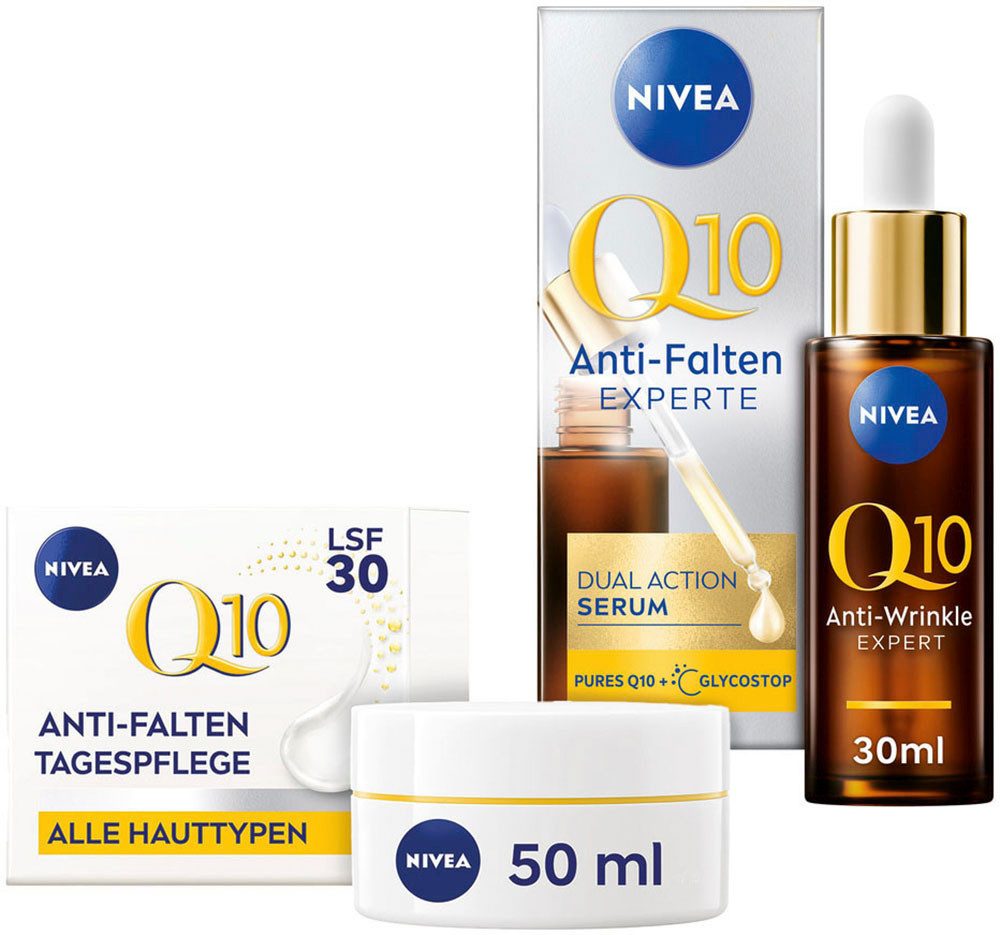 Nivea Pflege-Set Q10 Anti-Falten Dual Action Serum + Q10 Tagespflege LSF 30, 2-tlg., mit Q10 und Kreatin, Anti-Glykationstechnologie im Serum