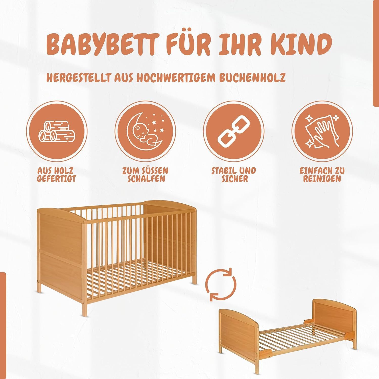 Best for Kids Babybett Best For Kids Wandelbares Babybett – Mit oder Ohne Matratze, Buche