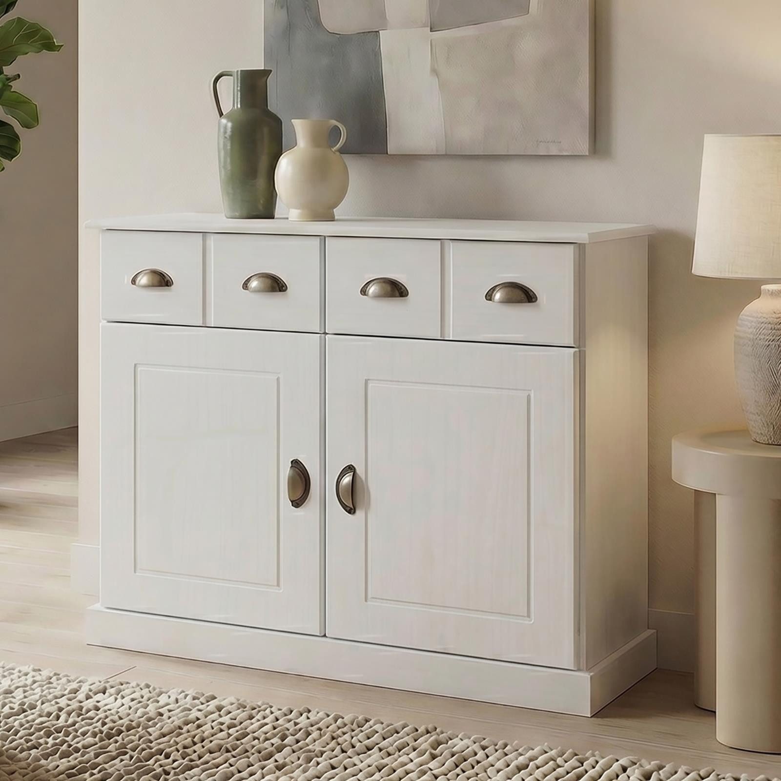 IDIMEX Kommode PARIS, Sideboard mit Schubladen & Muschelgriffen Kiefer Massivholz weiß