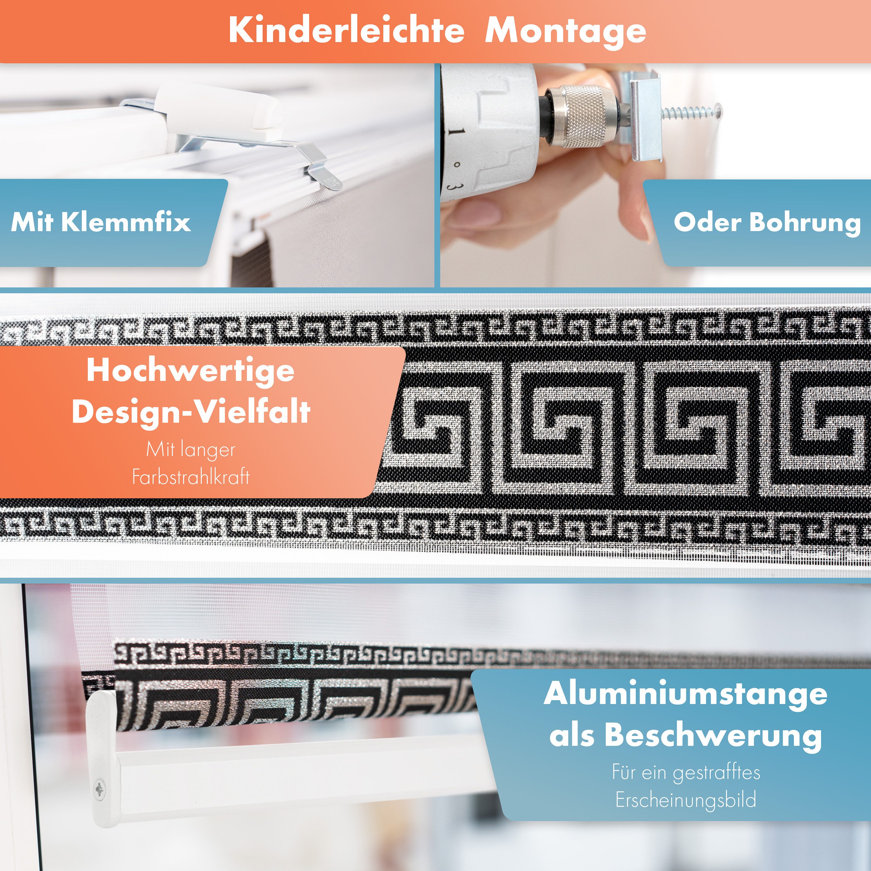 Doppelrollo mit Perlen, Mäander Ornamente Design, Bailena, Lichtschutz, ohne Bohren, freihängend, Klemmfix, glitzernd, Gardine mit Volant-Bordüre