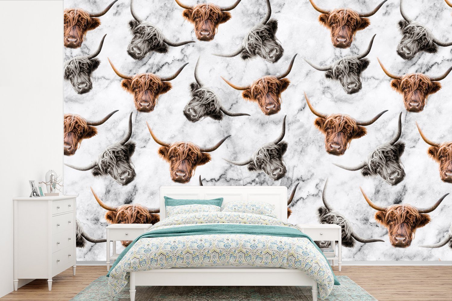 MuchoWow Fototapete Schottischer Highlander - Marmor - Tiere, Matt, bedruckt, (6 St), Wallpaper für Wohnzimmer, Schlafzimmer, Kinderzimmer, Vinyl Tapete