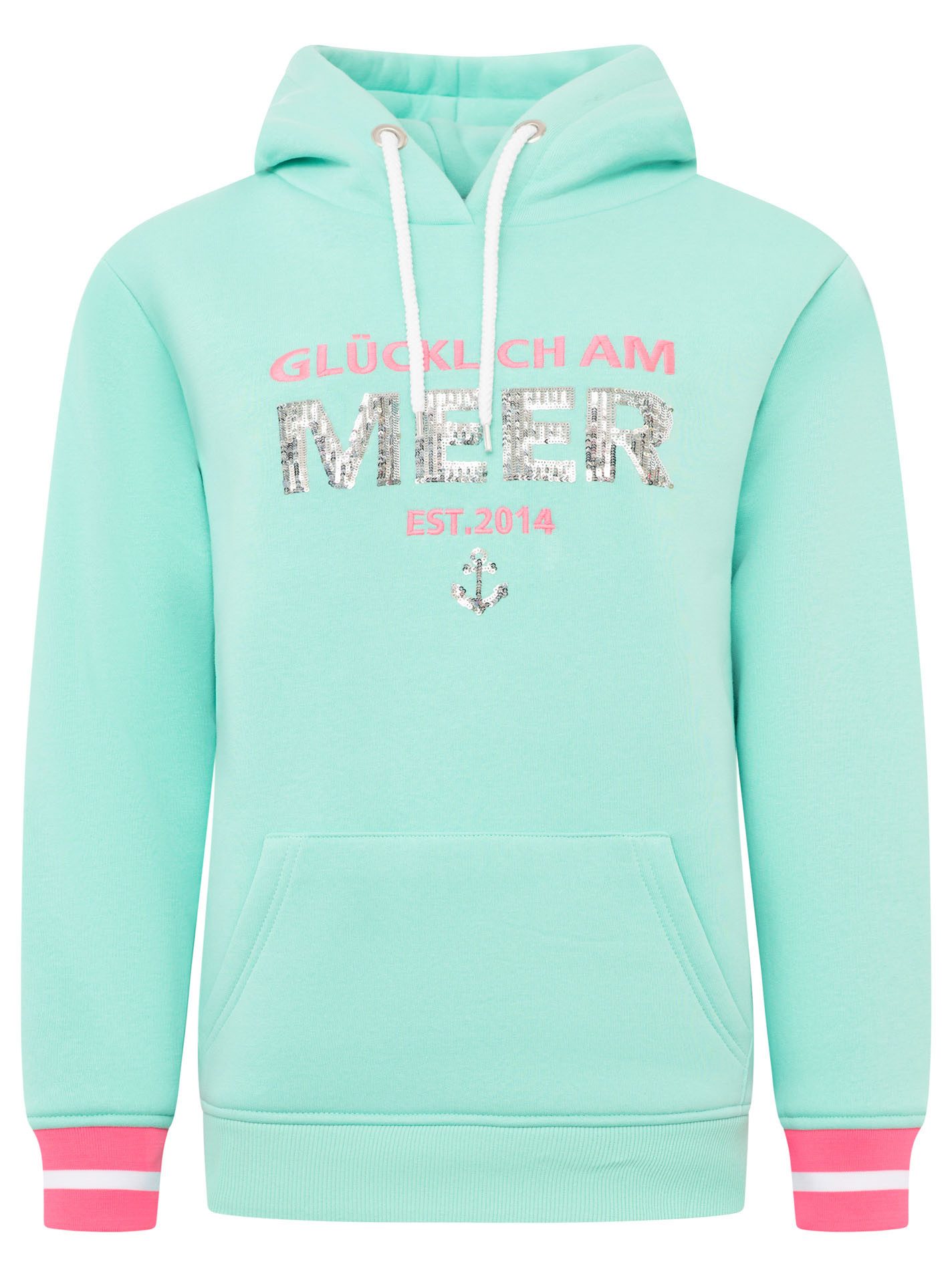 Zwillingsherz Hoodie "Glücklich am Meer" mit Pailletten, Kapuze und kontras günstig online kaufen