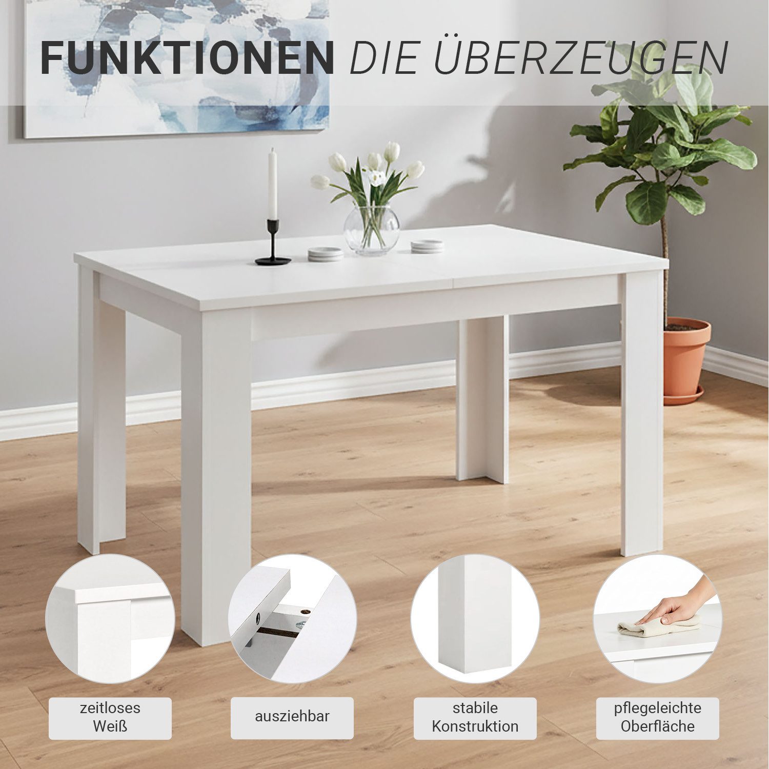 Homestyle4u Esstisch ausziehbar 80x120 auf 80x160 Holztisch Küchentisch Holz modern, Weiß, ausziehbar auf 80x160, Esszimmertisch