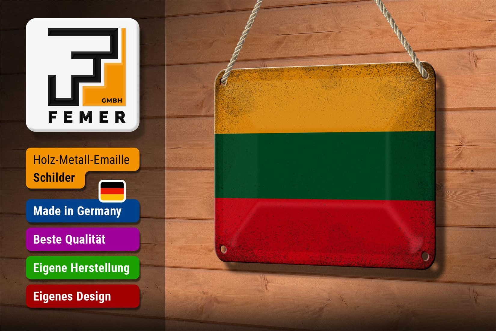 Femer GmbH Metallschild Flagge Litauen 18x12cm Flag Lithuania Vintage, (1 St), gewölbte Oberfläche, abgerundete Ecken, umgeschlagene Kanten