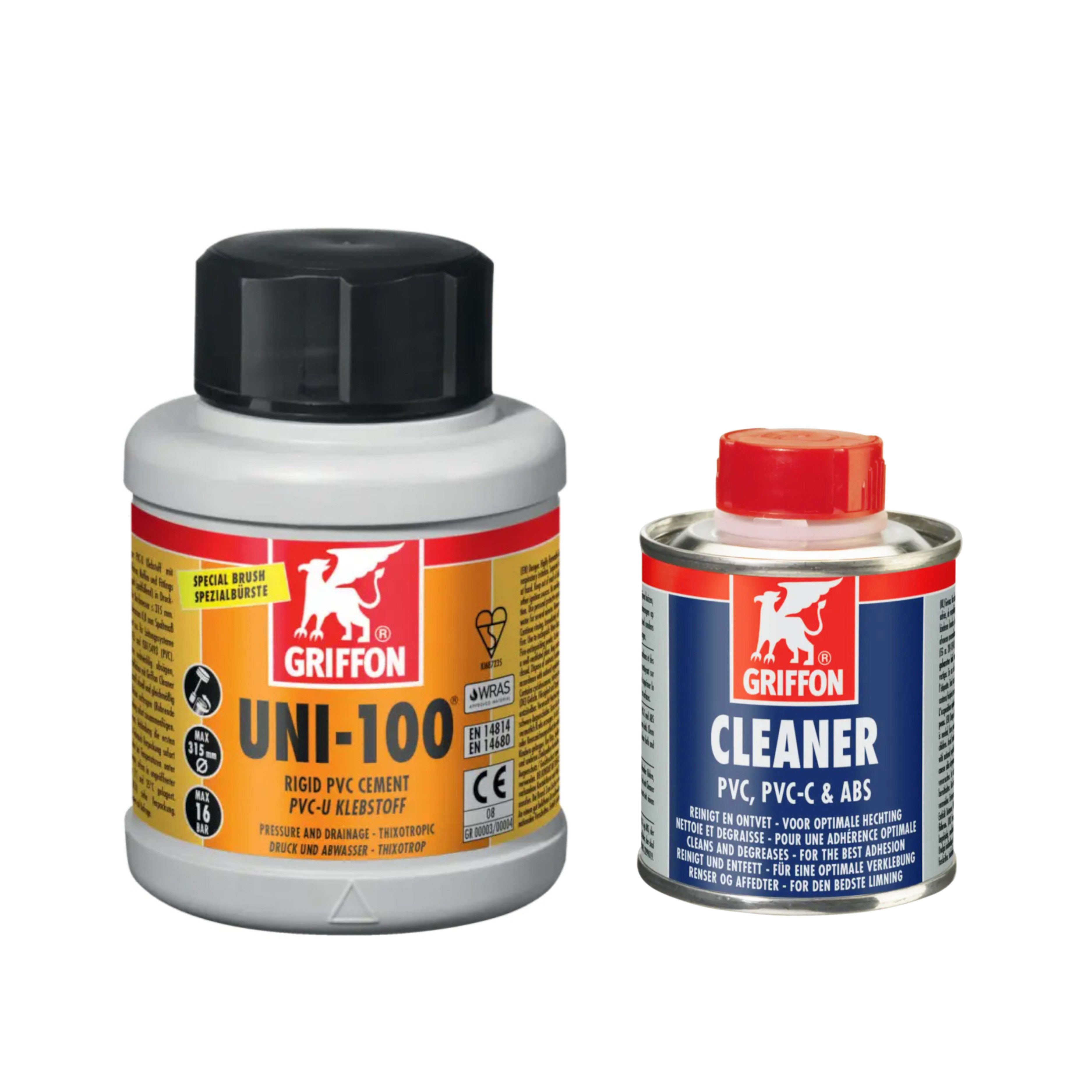HAF PVC-Kleber Griffon PVC Kleber Uni-100 250ml + Griffon PVC Reiniger 125ml, (Zur Montage von Rohren aus PVC-U), Geeignet für Klebeverbindungen aus PVC