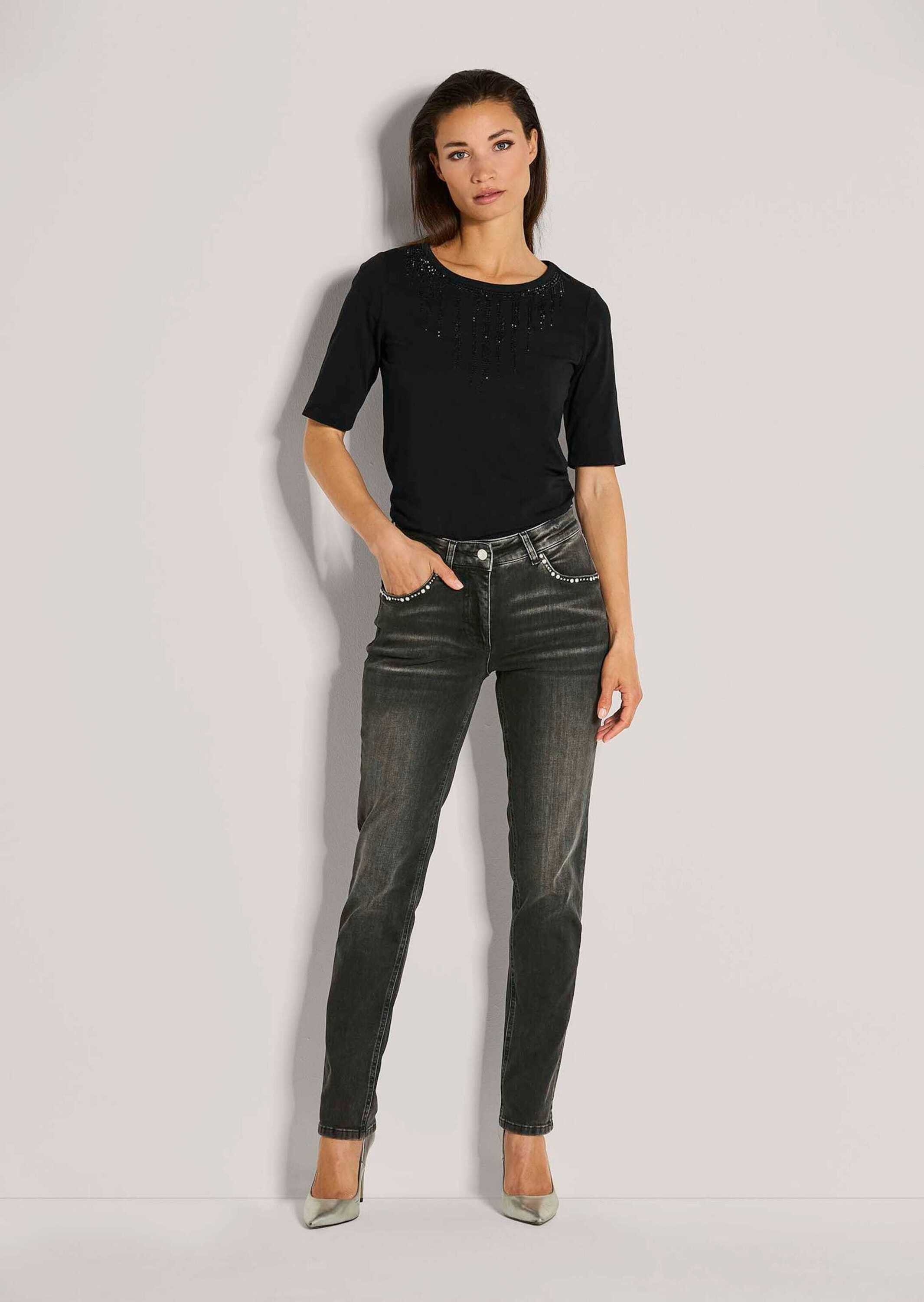 Gerade Jeans Kurzgröße: Schmale Five-Pocket-Jeans mit Glitzer