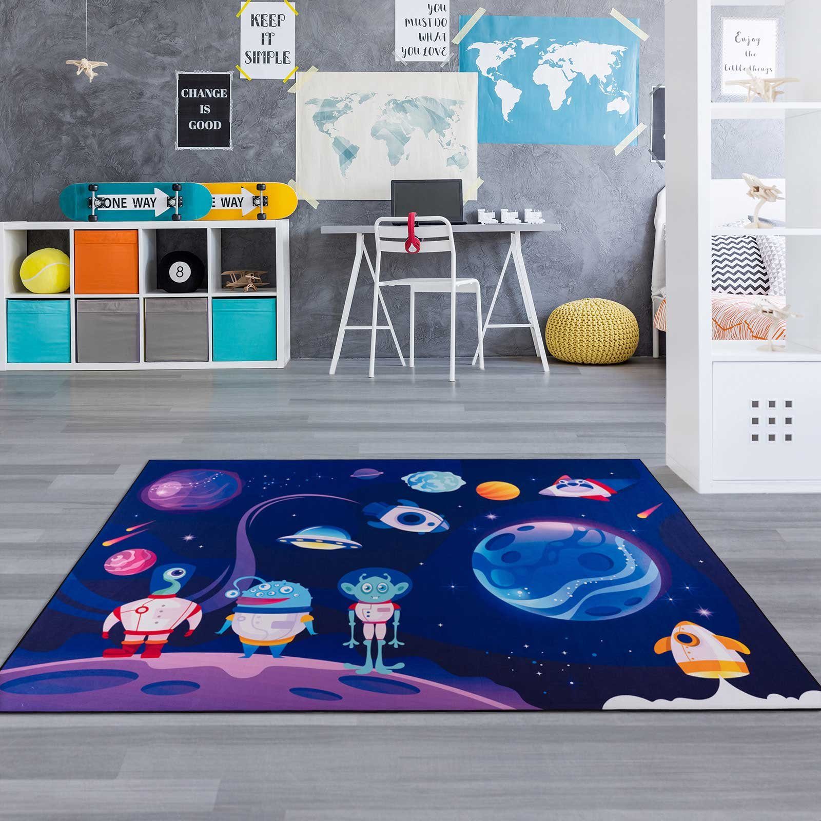 Kinderteppich Tara Kids Fresh Alien Adventure, TaraCarpet, rechteckig, Höhe: 5 mm, Kinderzimmer Jugendzimmer Aliens Weltraum Raketen Planeten 080X150 cm