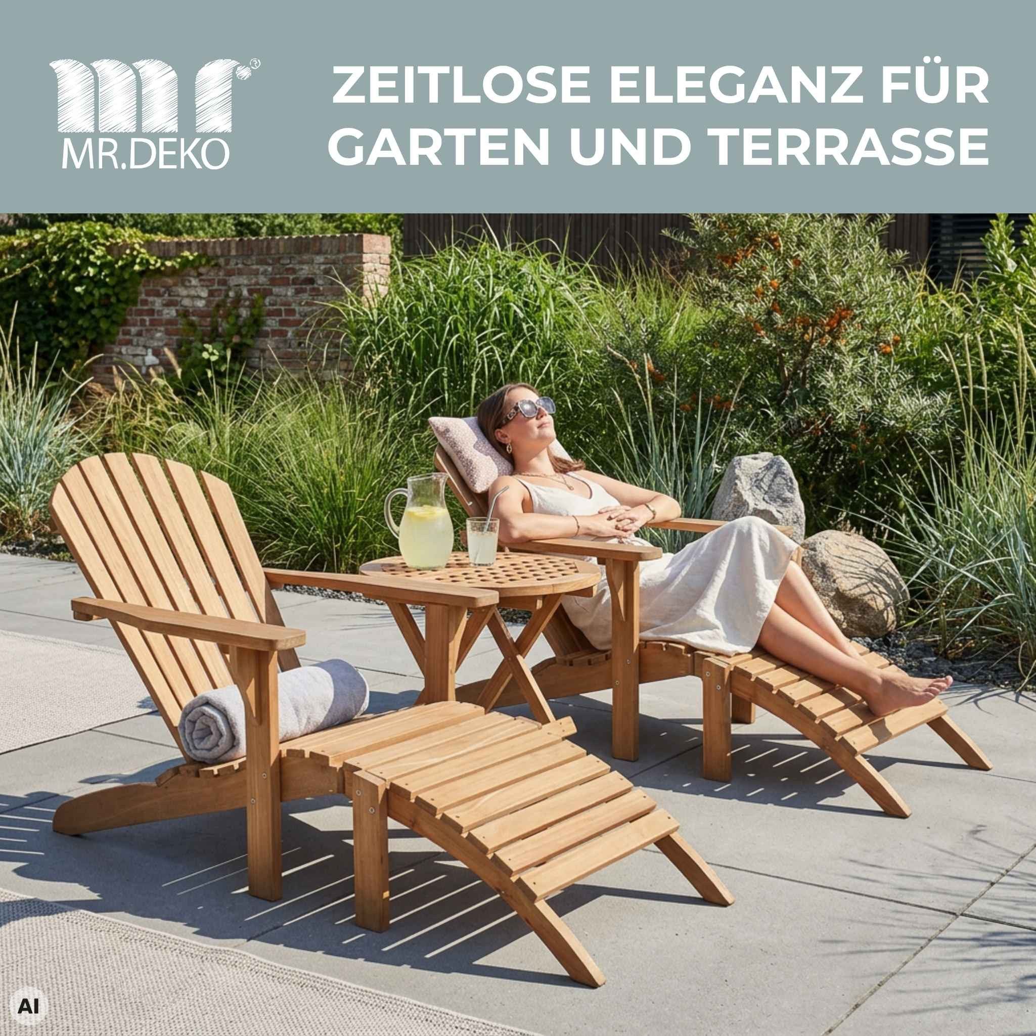MR.DEKO Gartenlounge-Set Teakholz Liegestuhl Set 2x Adirondack Sessel mit Hocker + Klapptisch, (3-teilige Garten-Liegegruppe mit 2 Deckchairs und Tisch), Massives Plantagen-Teakholz unbehandelt witterungsbeständig & stabil