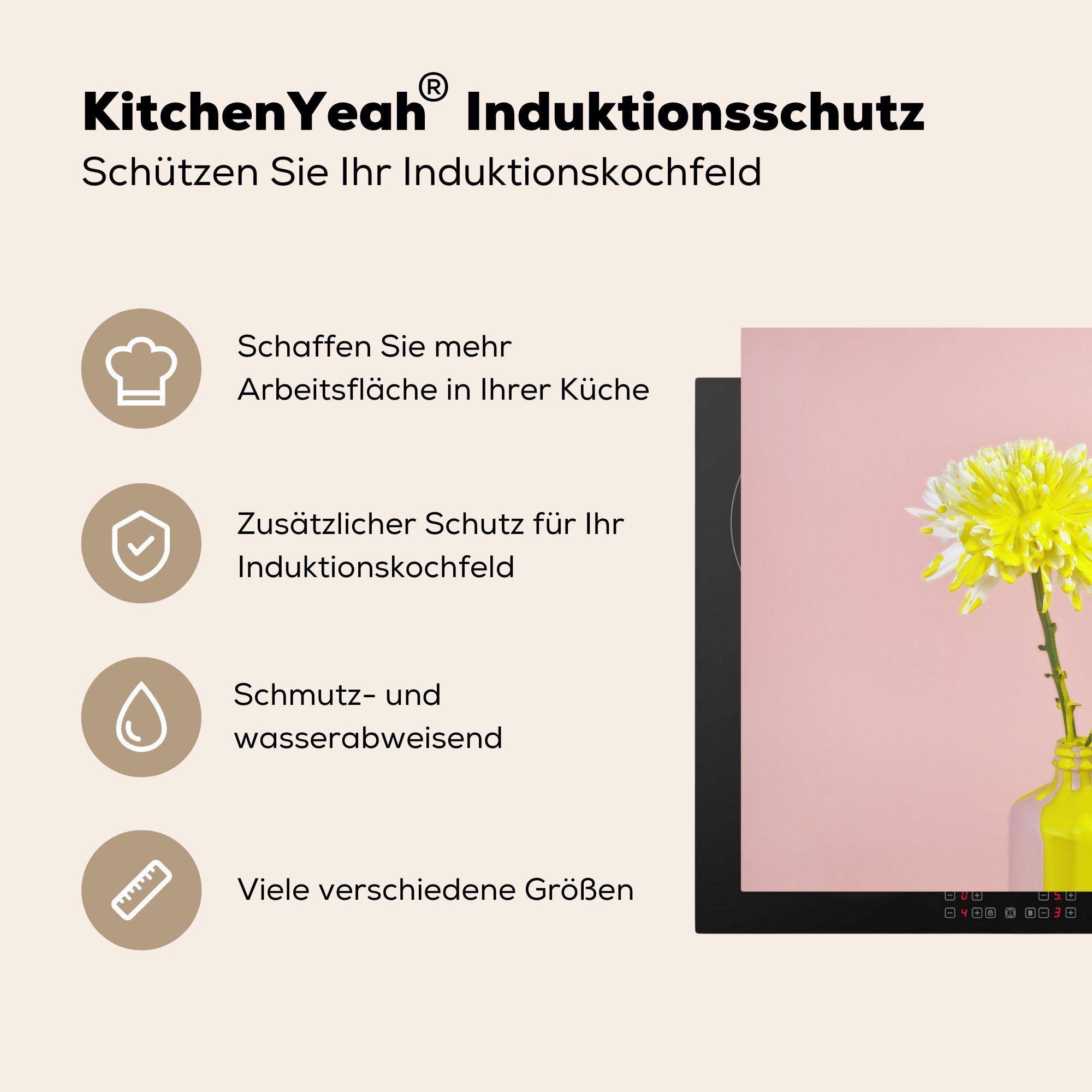 Arbeitsplatte Blumen Herdblende-/Abdeckplatte cm, - küche (1 Ceranfeldabdeckung, 78x78 Farbe tlg), MuchoWow für - Vinyl, Gelb,