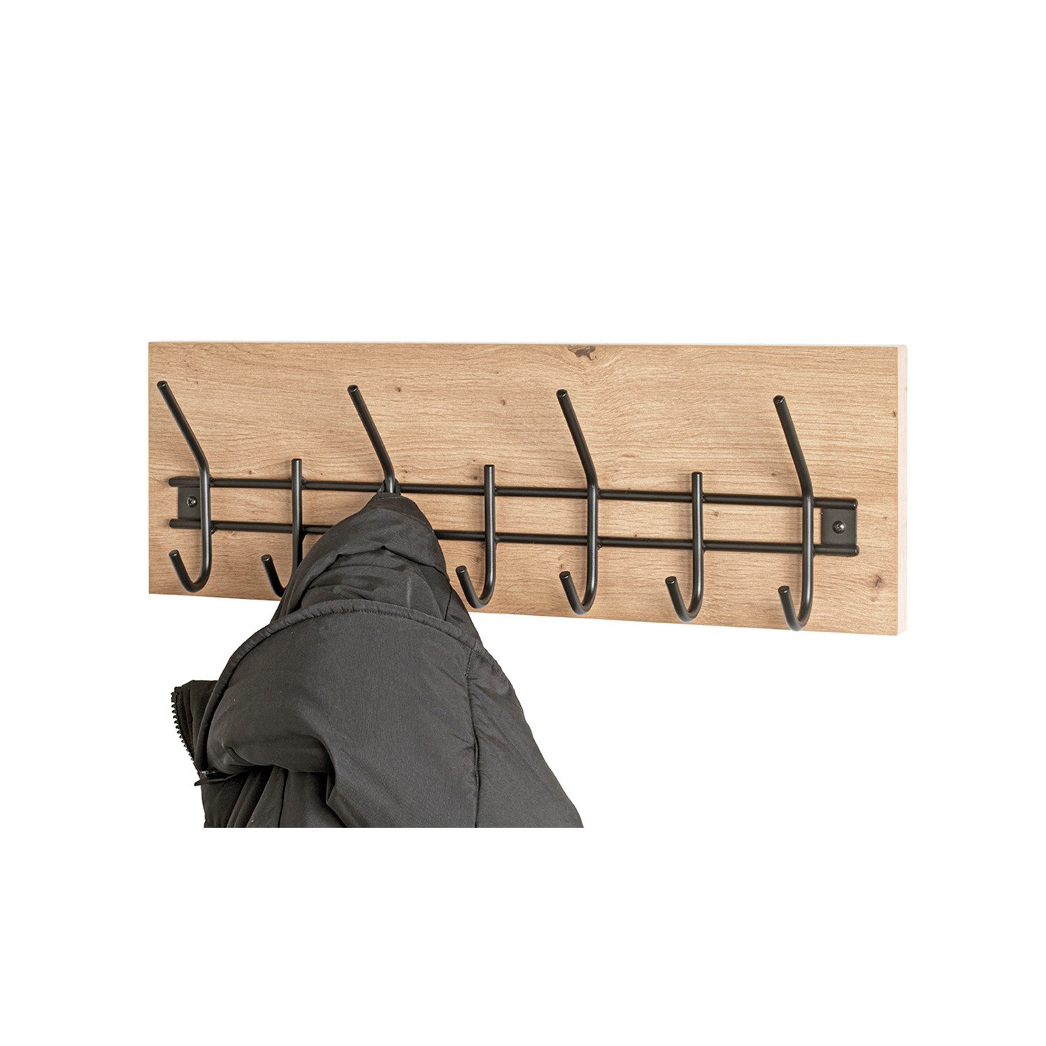 HAKU Garderobenständer PARMA 12 Garderobe - eiche-schwarz - MDF, Metall - H. 20cm x B. 60cm, (1xWandgarderobe, Wandhalterung - Wandhalter), Wandhakenleiste - Hakenleiste - Garderobenleiste - Wandhaken