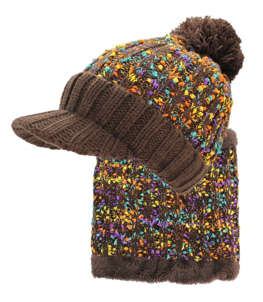 dy_mode Mütze & Schal Damen Mütze & Schal Kombi Set Schirmmütze Bommel Gefüttert Strickmütze (mit Schal und Mütze) Bunt Gemustert, mit Innenfutter