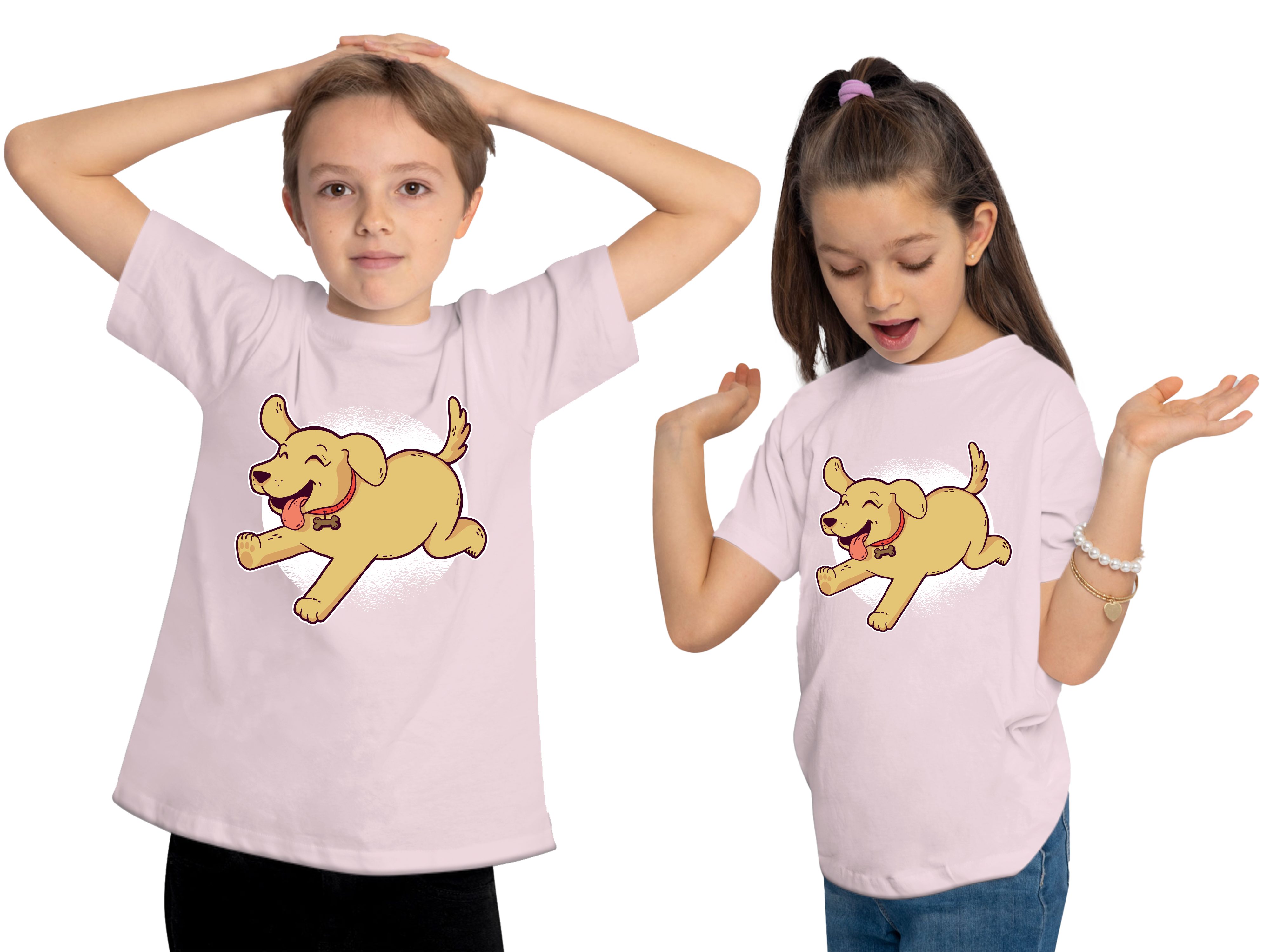 MyDesign24 T-Shirt Kinder Hunde Print rosa mit Labrador Aufdruck, bedruckt i248 Welpe Spielender - Baumwollshirt Shirt