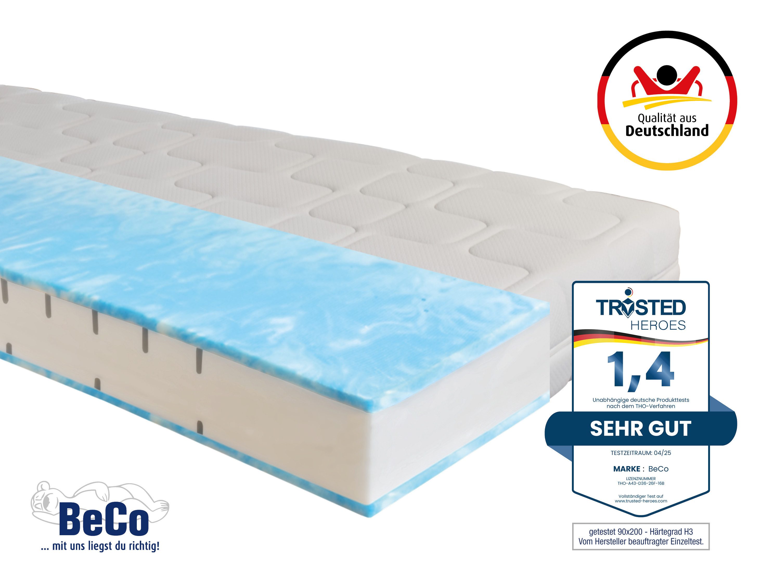 Gelschaummatratze GUMO, 7 Zonen Matratze 90x200,140x200 und mehr, weiche & feste Seite, Beco, 20 cm hoch, druckentlastende Gelschaumauflage,atmungsaktiv, Partner-/Wendematratze