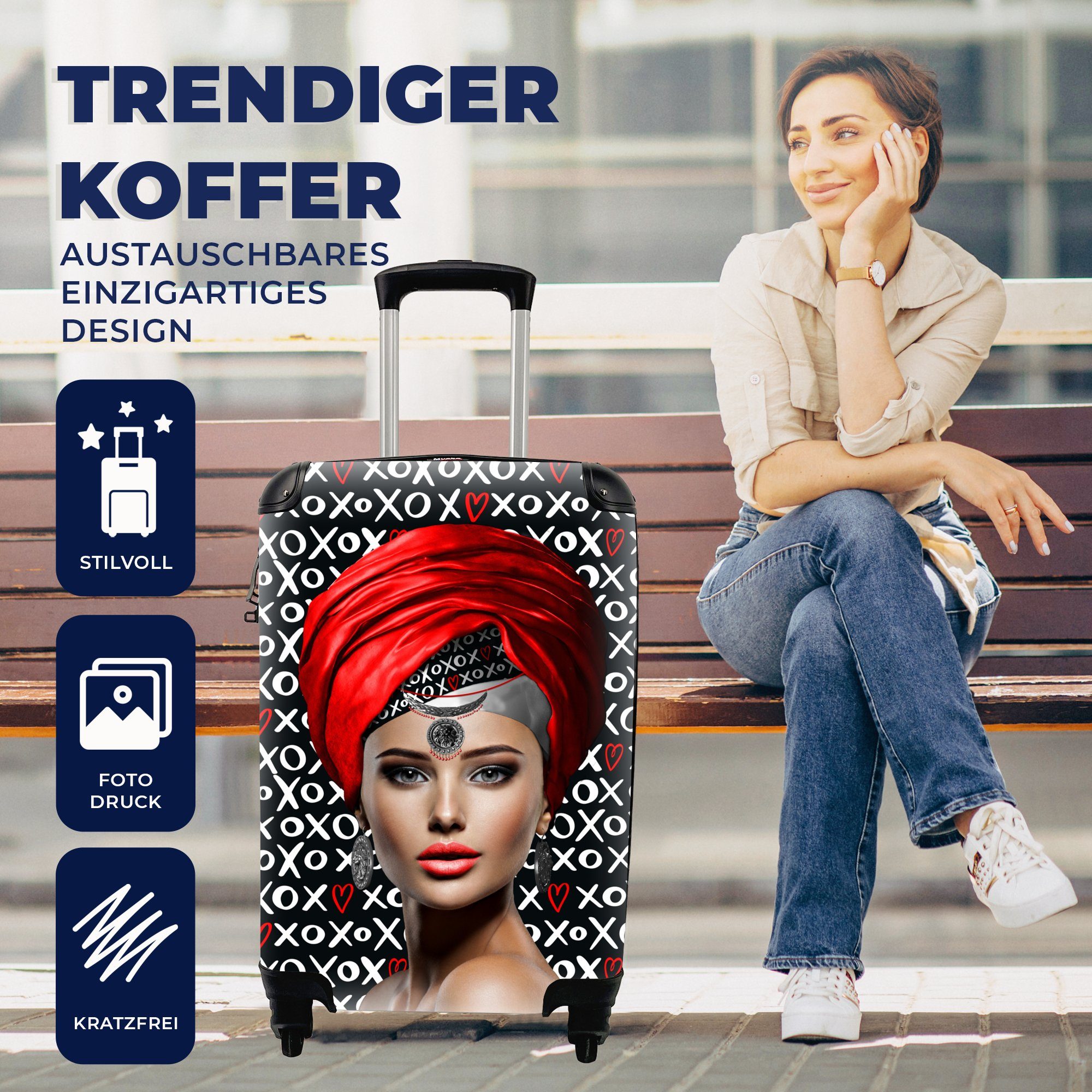 MuchoWow Handgepäckkoffer Frau Trolley, Ferien, 4 Reisekoffer - Reisetasche rollen, Rollen, Muster Rot, - für mit Handgepäck