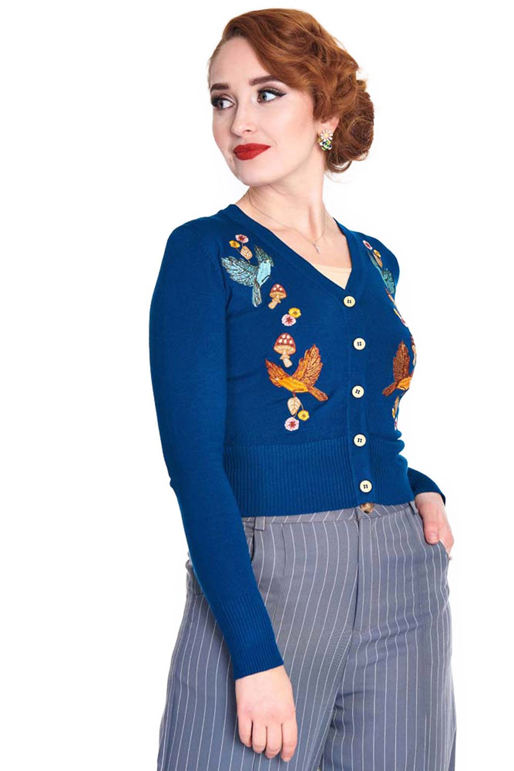 Voodoo Vixen Strickjacke Blue Woodland Cardigan Retro Vintage Blumen Vögel Pilze – Bild 2 von 5