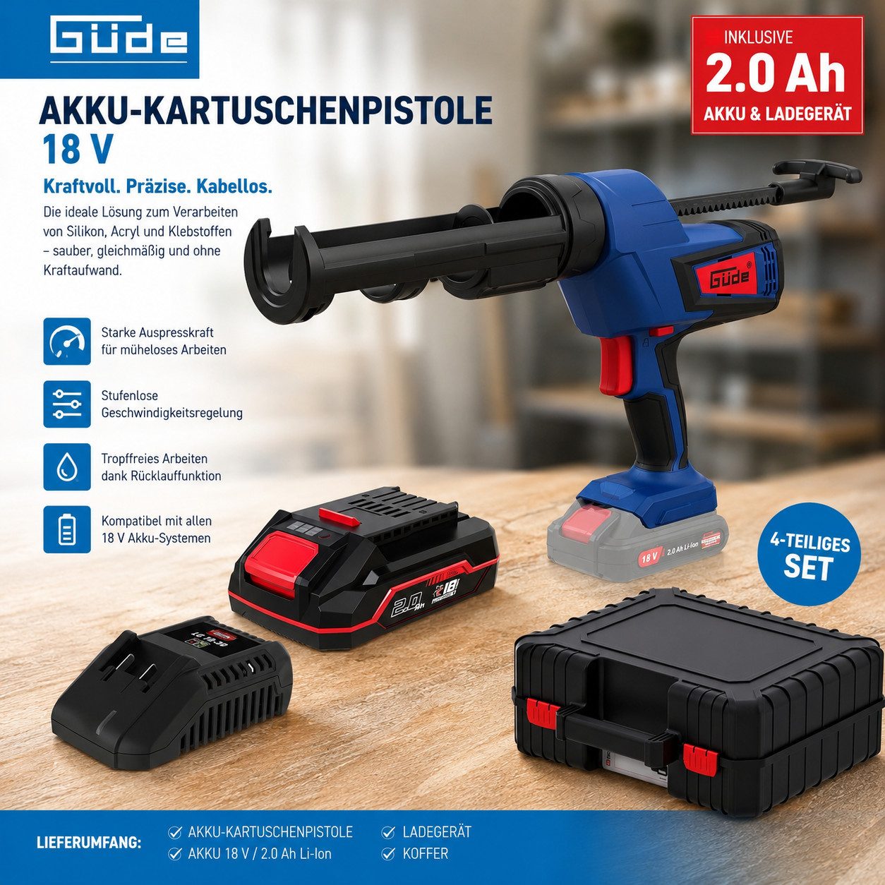 Güde Akku-Kartuschenpistole Akku Kartuschenpresse 18V +Akku / Ladegerät. Koffer Kartuschenpistole