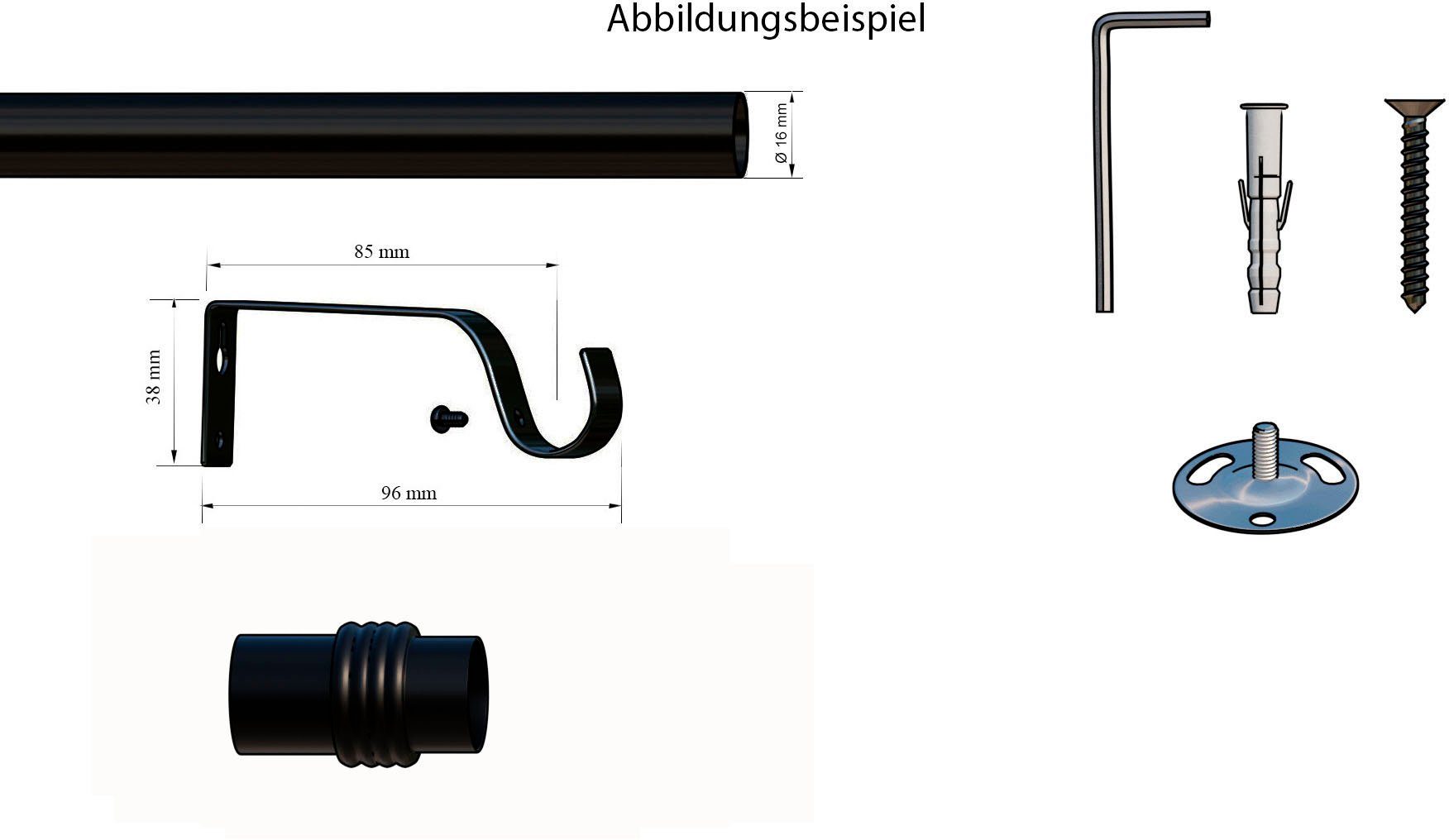 Wunschmaßlänge, Gardinenstange Eisen mit Zylinder, verschraubt, indeko, 16 Ø mm, 1-läufig, Bohren, schwarz