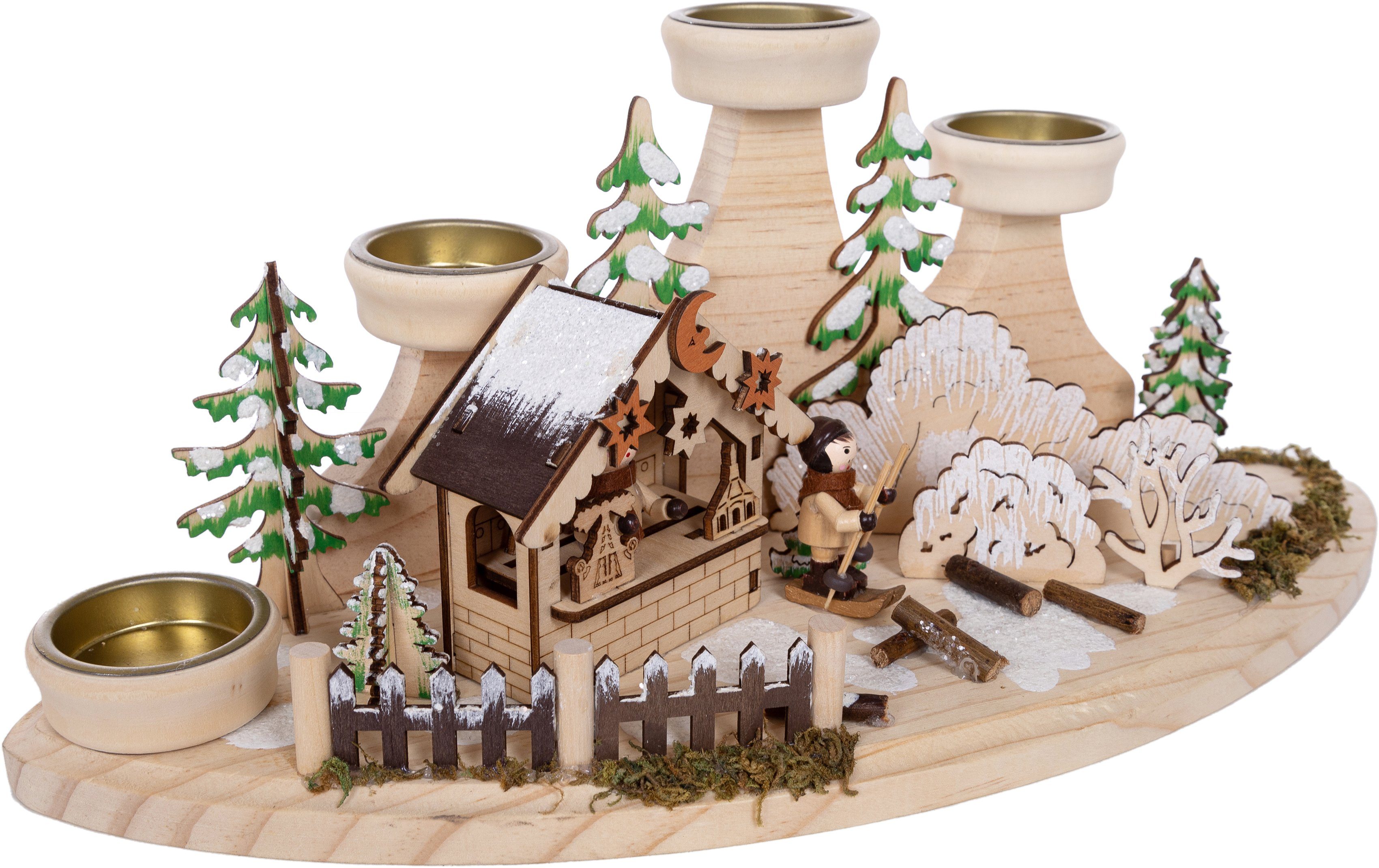 OTTO home Teelichthalter Weihnachtsdeko, 16,5 cm breit (1 St), Winterlandschaft aus Holz, mit 4 Teelichthaltern