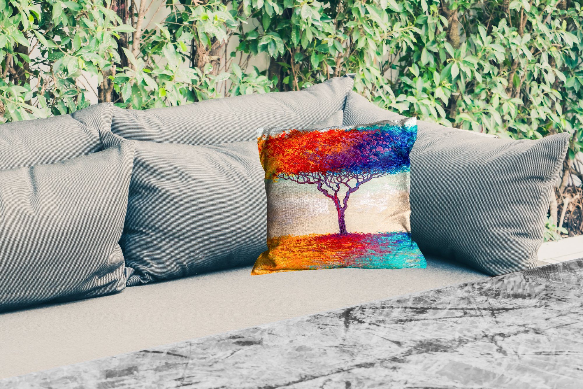Baum Outdoor - Gemälde Regenbogen, Dekokissen, Dekokissen - Kissenhülle, Ölfarbe MuchoWow Dekokissenbezug, - Kissenbezüge,