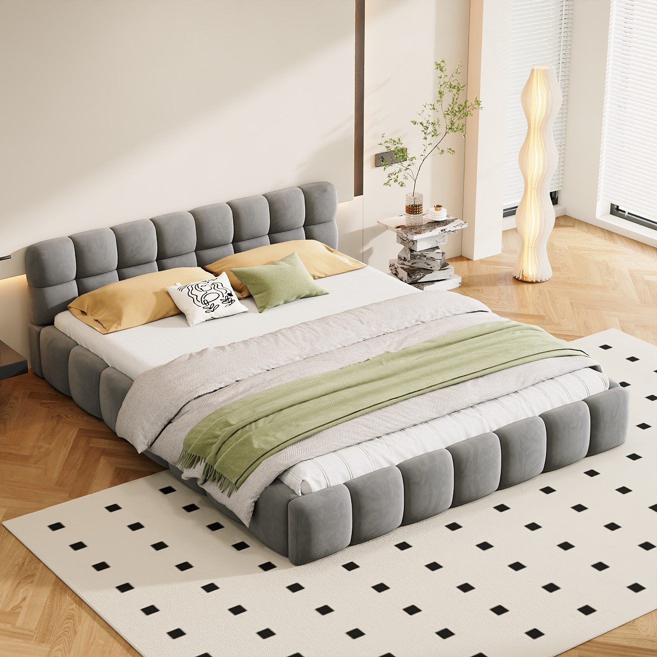 PXloue Polsterbett Doppelbett Jugendbett (ohne Matratze), (Futonbett), Mit Bettrahmen und Lattenrost, Leinen-Stoff, 140x200cm