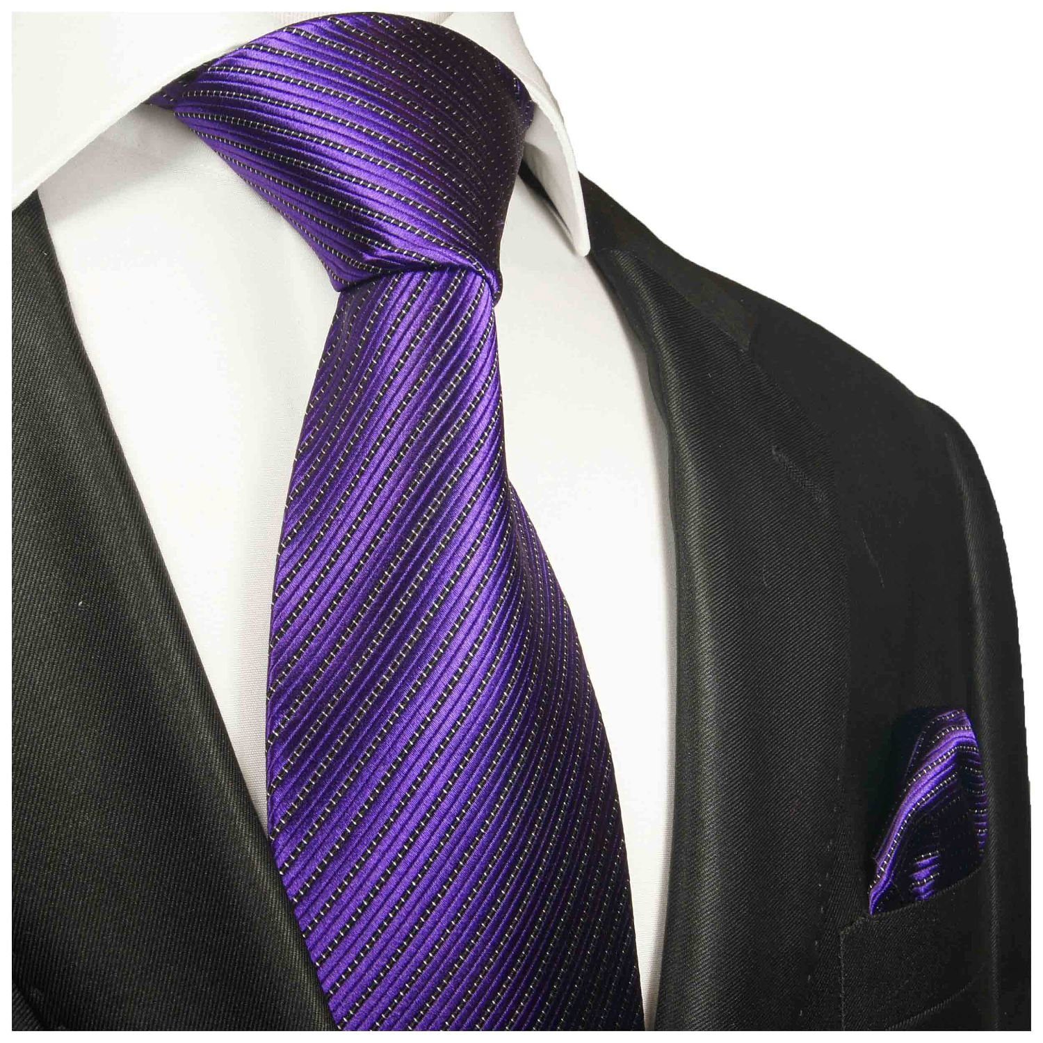 2-St., Einstecktuch) mit Seide Tuch violett (Set, 100% mit 2013 lila Malone Paul Krawatte gestreift (6cm), Herren Schmal Moderne Seidenkrawatte Krawatte