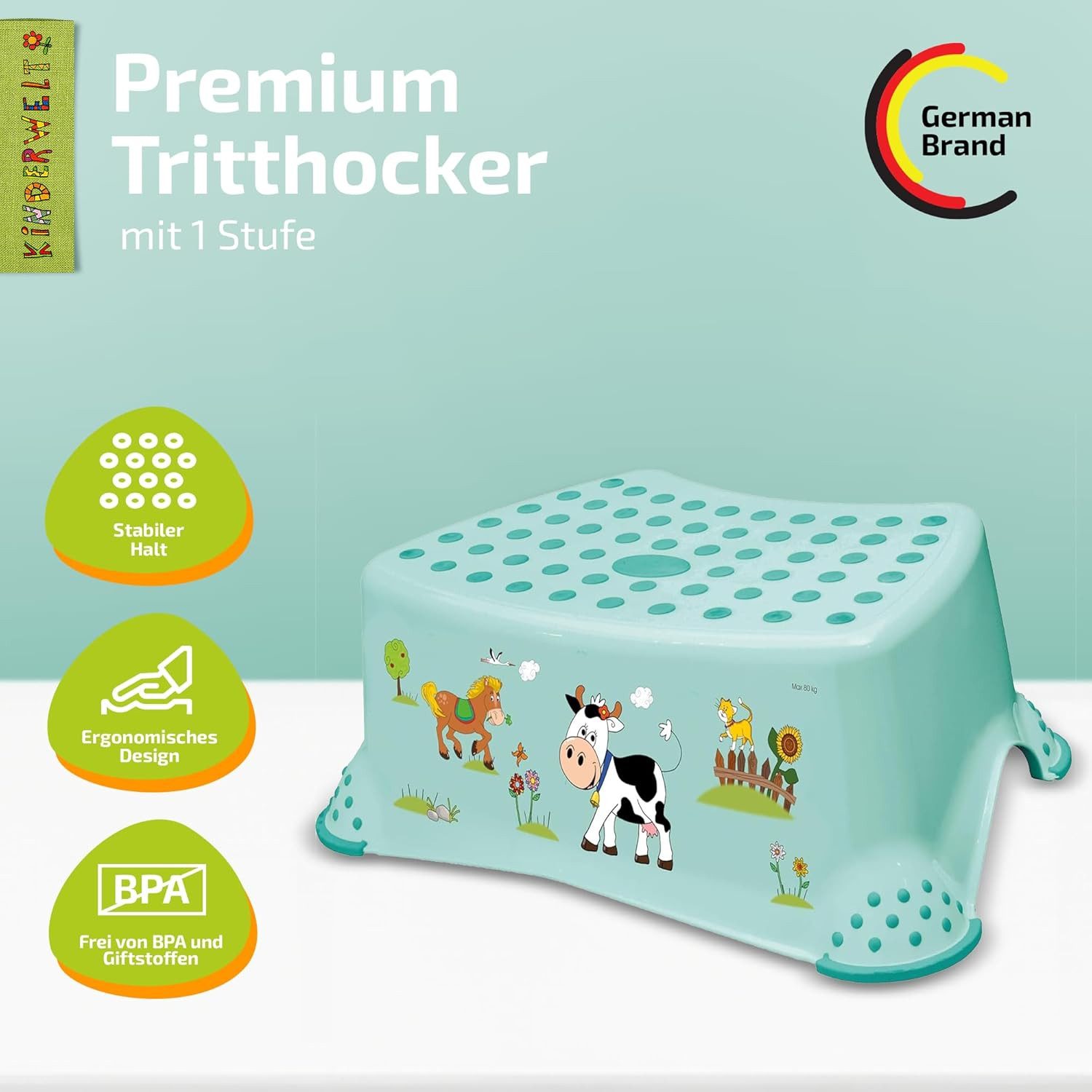 KiNDERWELT Tritthocker Premium stabiler Tritthocker Funny Farm aquamarin günstig online kaufen