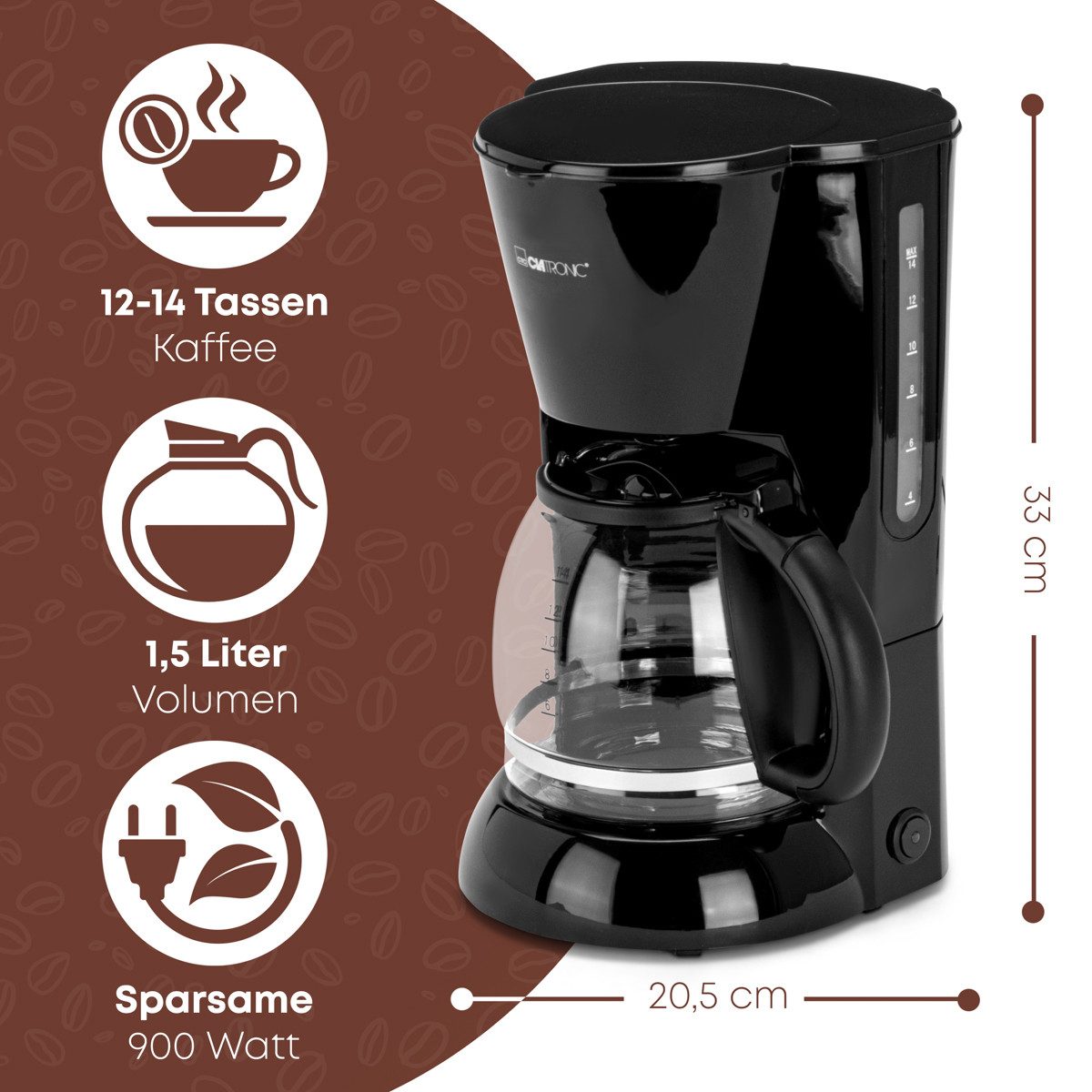CLATRONIC Filterkaffeemaschine KA 3473 schwarz, für 12-14 Tassen, 900W, Nachtropfsicherung