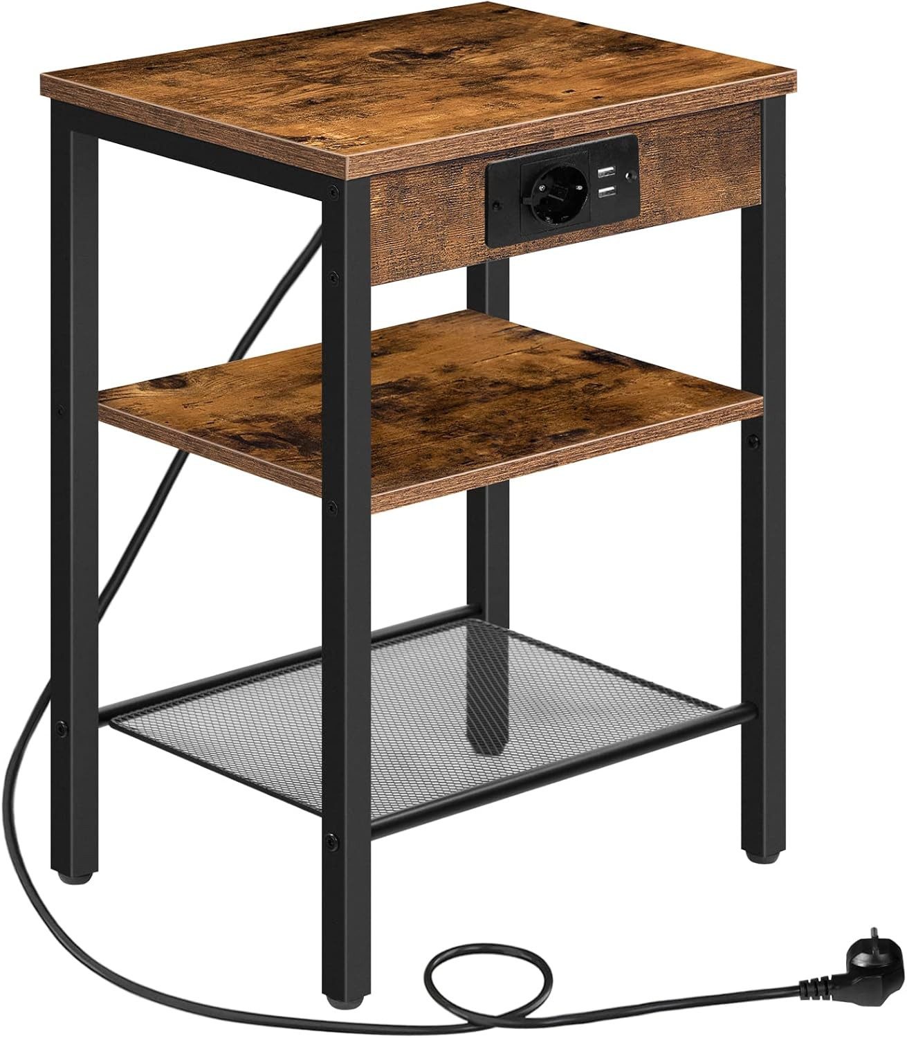 Hoobro Beistelltisch Nachttisch mit Steckdose & 2 USB 3 Ablagen, vintagebraun (1 Beistelltisch), mit integrierter Steckdose, mit 2 USB-Anschlüssen, platzsparend