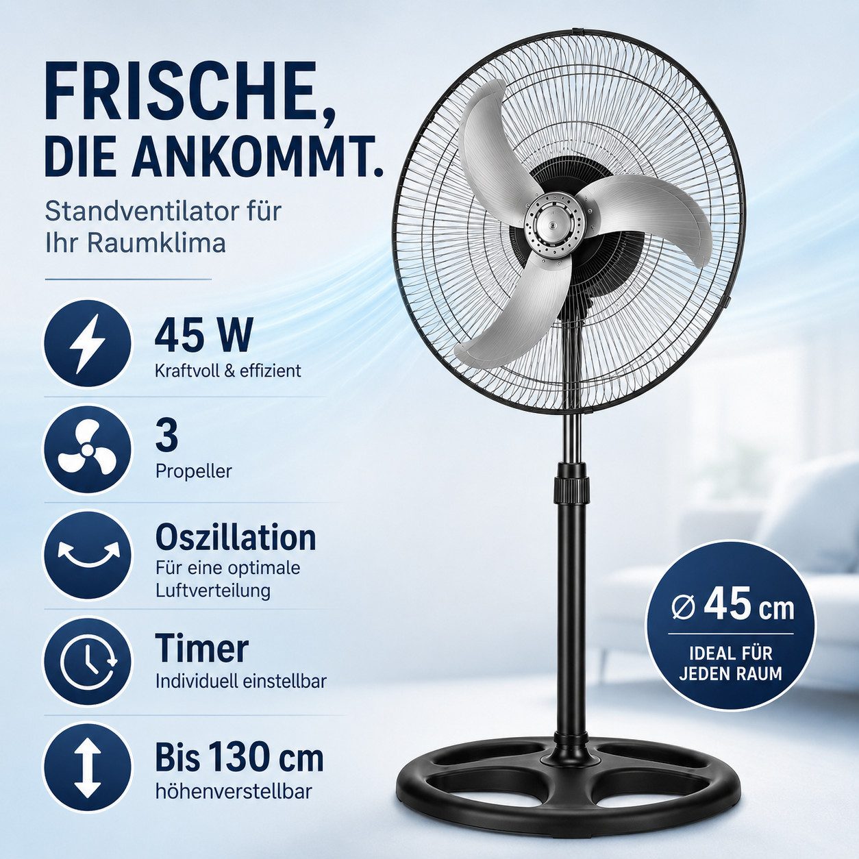 Ertex Standventilator Standventilator`Ventilator Leistungsstarker 45 W, Ø 45 cm, 130 cm