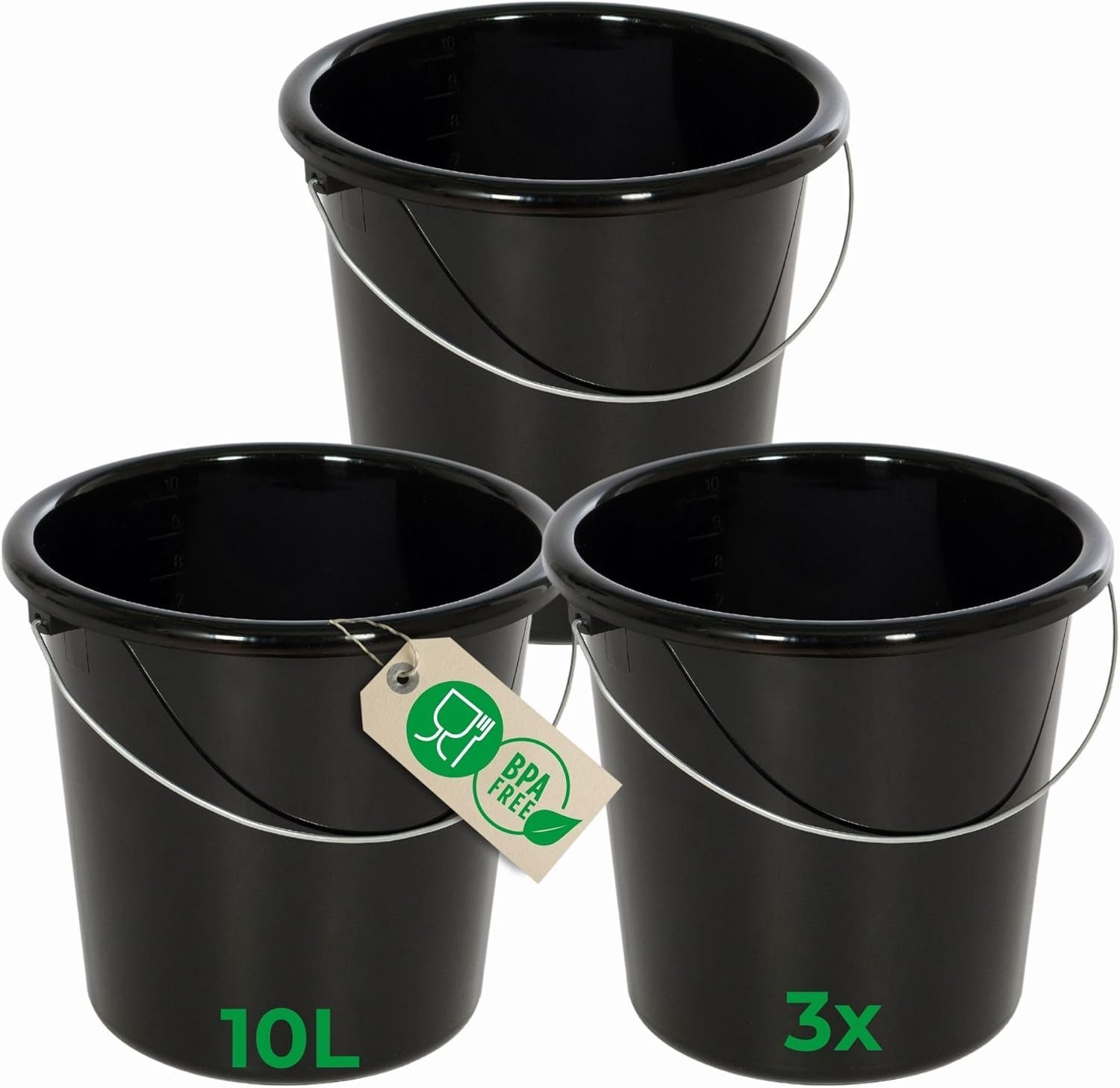 Novaliv Putzeimer 30945-3x, (3-tlg), Novaliv 3 Stück Eimer 10L Schwarz mit Maßeinteilung - Putzeimer 10 Lit