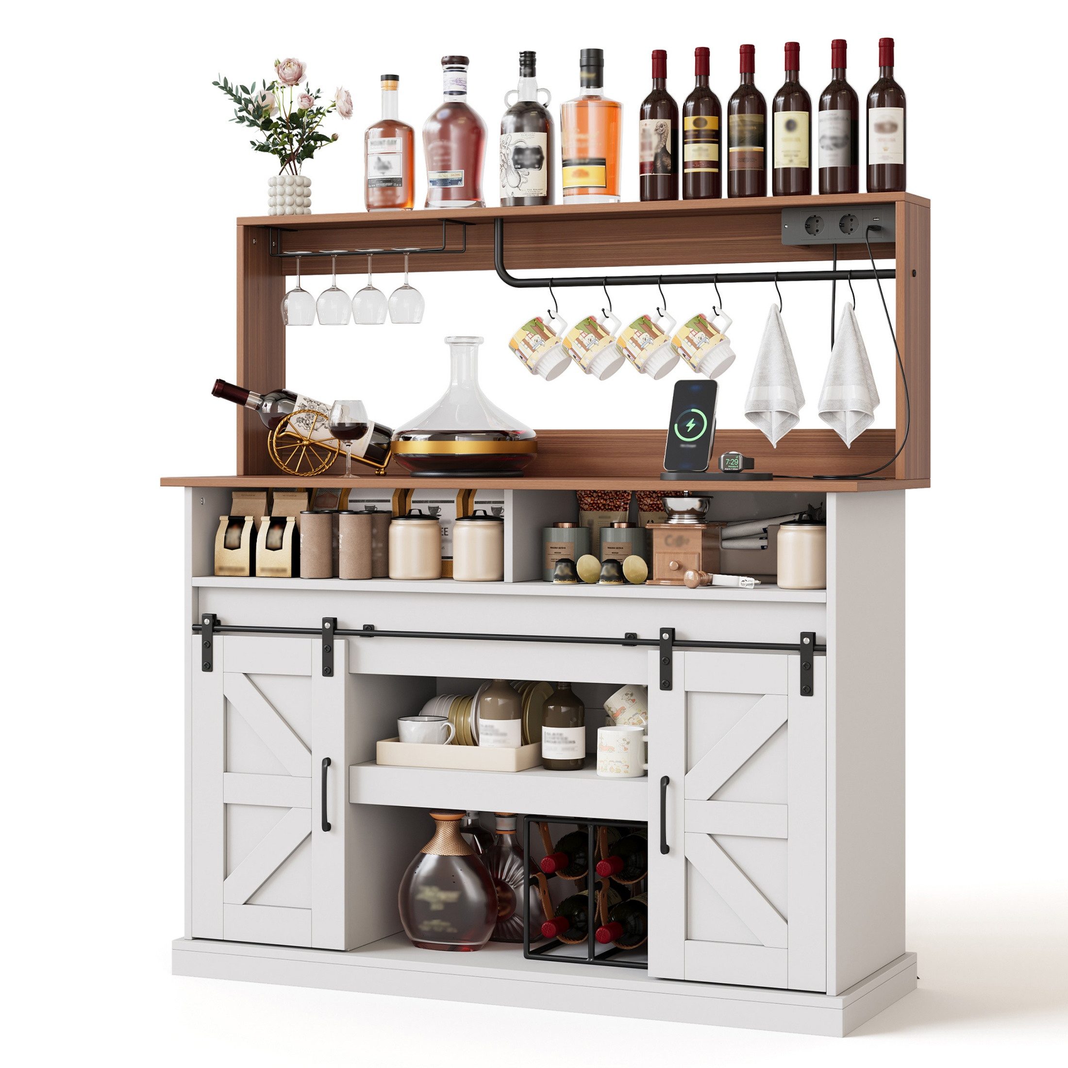autolock Küchenbuffet Küchenschränke Kaffeebar mit Gläserhalter & Steckdosen (2×AC, 2×USB) (120×40×130 cm) Sideboard 120 cm im Landhausstil mit Schiebetüren für Küche Wohnzimmer