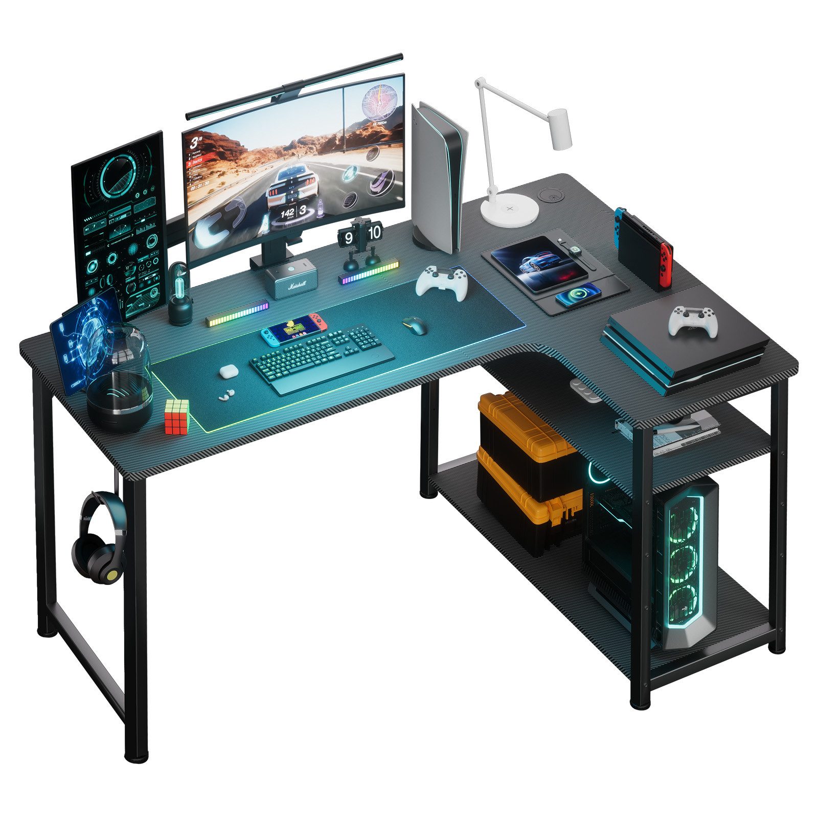 GTPLAYER Schreibtisch Gaming Tisch Eckschreibtisch mit Regal USB-Ladeanschluss und Steckdose (1 Tisch), 120/100cm Computertisch L Form, PC Tisch für Büro, Heimbüro