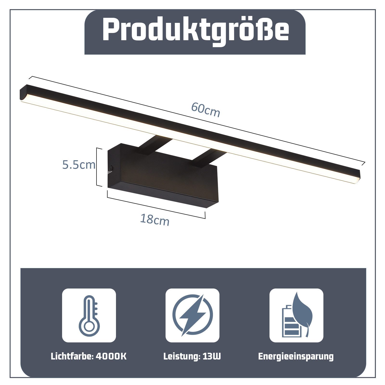 ZMH LED Spiegelleuchte 60CM Wandleuchte 13W Matt Schwarz Neutralweiß Küche Flur, Augenschutz, Einfache Installtion, LED fest integriert, 4000K, 20000 Stunden Lebensdauer Wandlampe für das