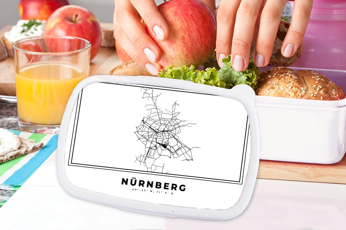 Deutschland, - Brotdose, Lunchbox Karte - - Kinder Kunststoff, Jungs - Stadtplan Schwarz-weiß für MuchoWow Nürnberg für und und Erwachsene, Brotbox Mädchen (2-tlg),