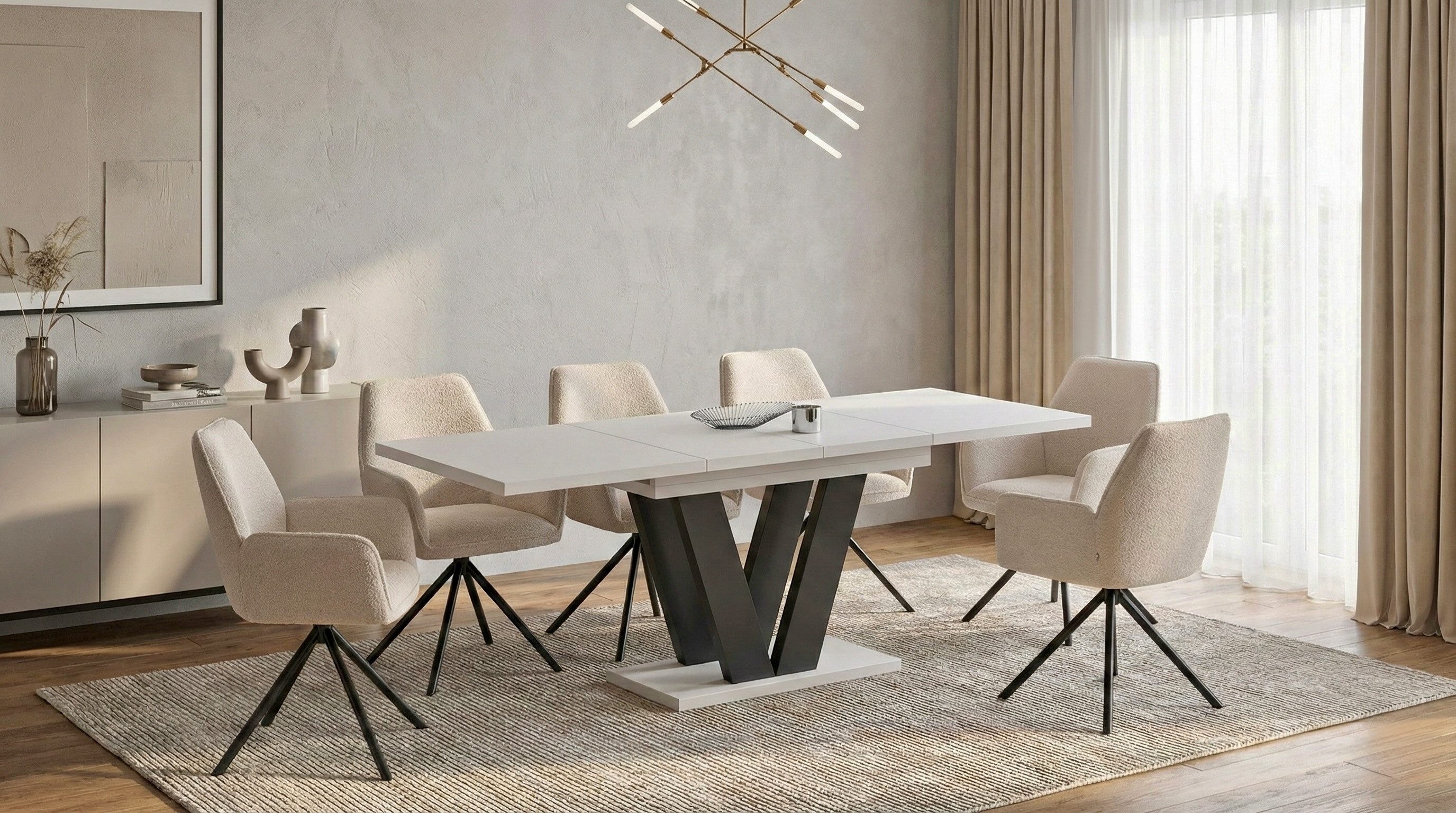 Endo-Moebel Essgruppe Essgruppe Kaschmir / Cashmere / Beige Esstisch Set mit 6 Stühlen, (7-tlg)