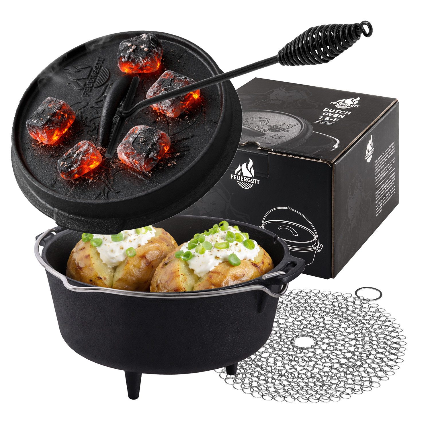 Feuergott Grilltopf FEUERGOTT Dutch Oven mit Füßen Set 1,5 l, Gusseisen