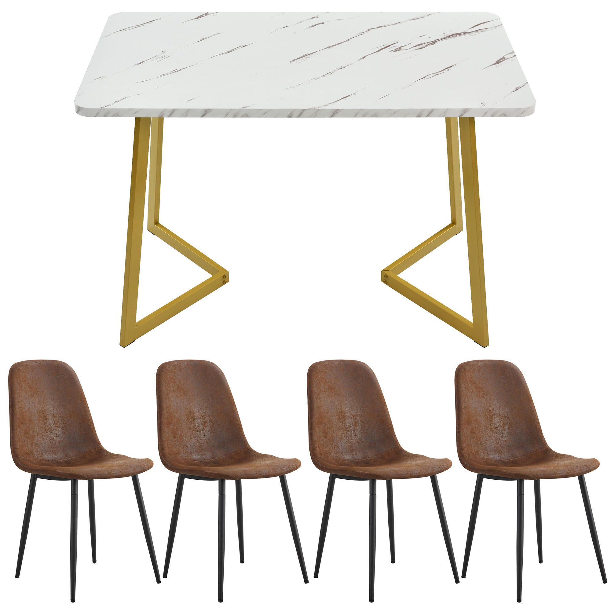 Essgruppe, (5-tlg., 117x68 cm Esstisch mit 4x Stühlen), Küchentisch Set, Kunstleder Esszimmerstuhl, Metallbeine